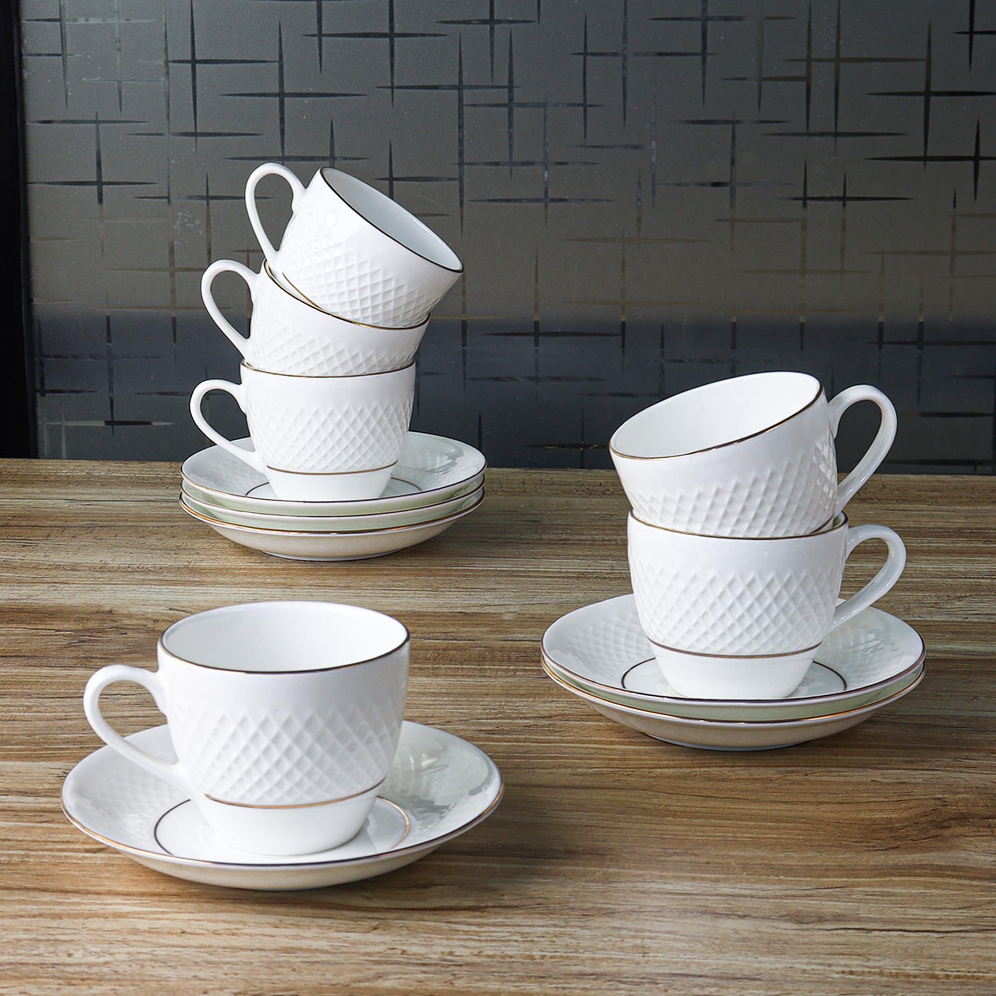 Femora Double Gold LineDiamond Cut White Ceramic Tea Cup with Saucer Set of 12 Pcs, 200 ml | Microwave & Dishwasher Safe | Bone-Ash Free | Crockery Set Ideal for Daily Use & Gifting, White 1