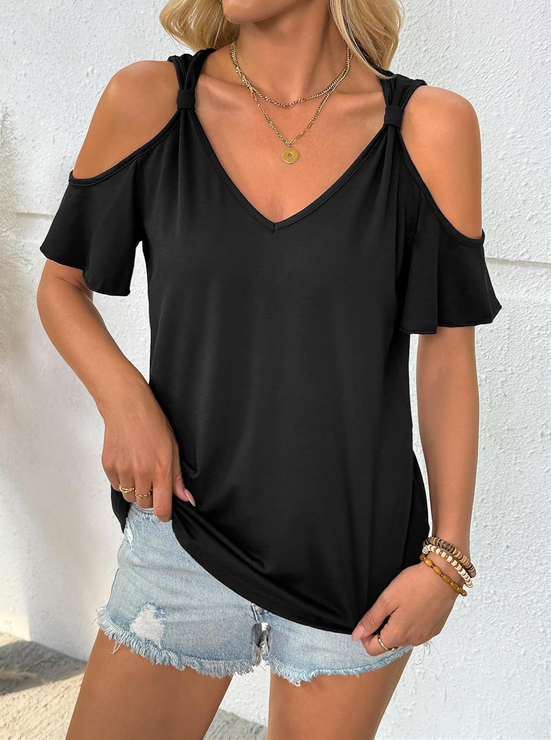 LilyCoco Womens Cold Shoulder Tops Casual Summer Short Sleeve V Neck T Shirts - Image 2