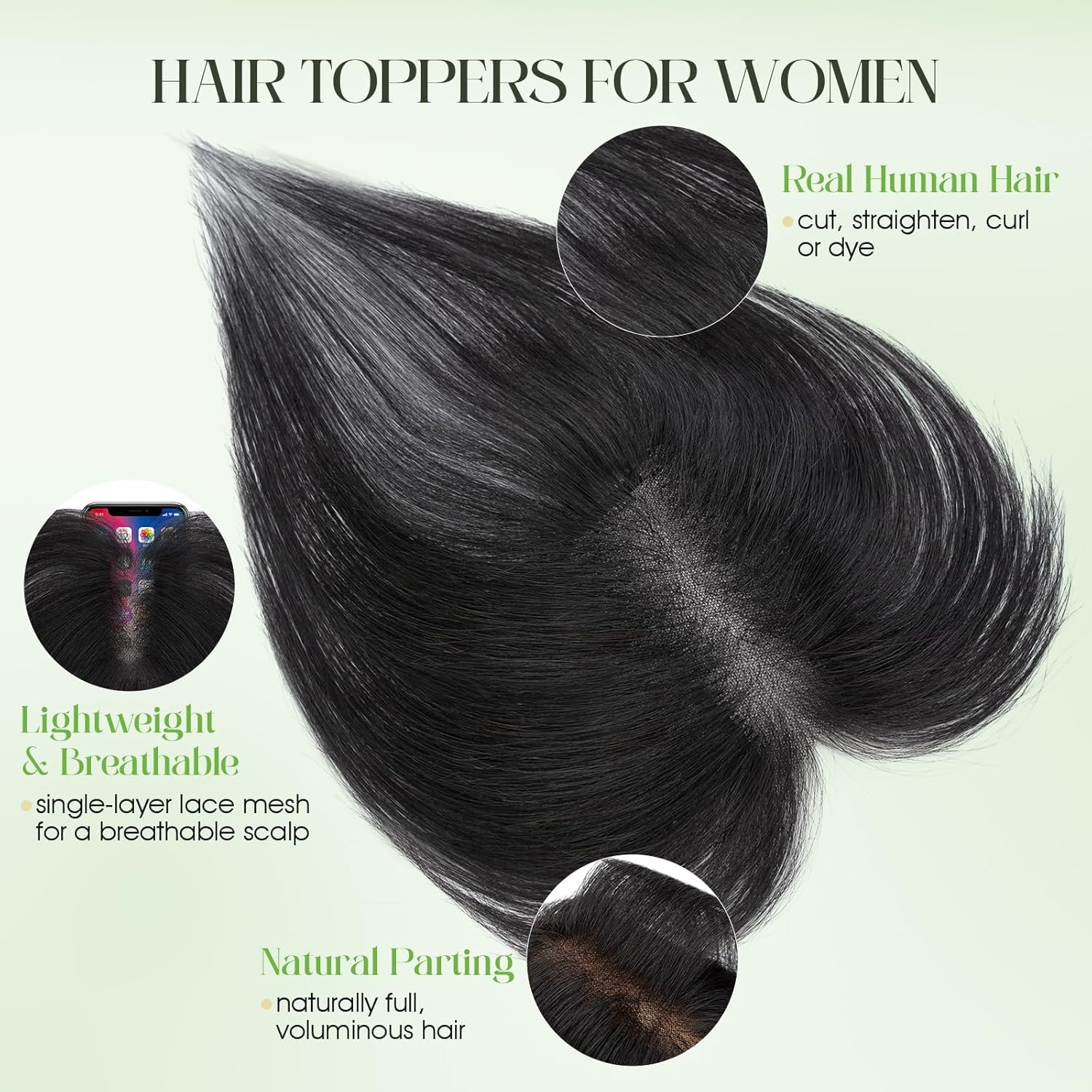 Hair Toppers for Women Real Human Hair 360°3D Cover Human Topper for Thinning No Bangs Middle Part Lace Base 11 Inch Hairpieces for Women (Side Bangs, Natural Black)