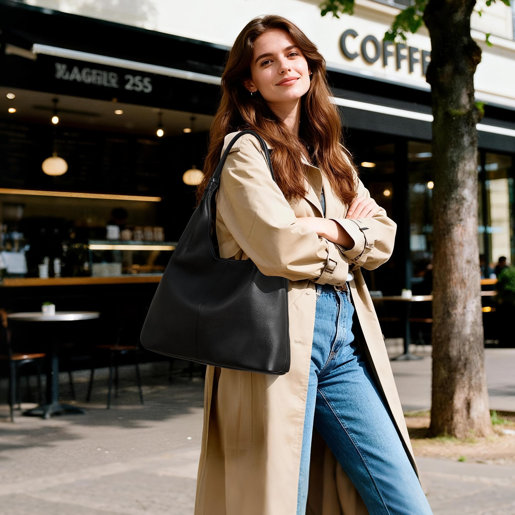 befen Echtleder Handtasche Damen Groß Shopper Tasche, Leder Schultertasche Slouchy Tote Bag Hobo Tasche Umhängetasche für Arbeit Schule - Einfache Klassische Elegante
