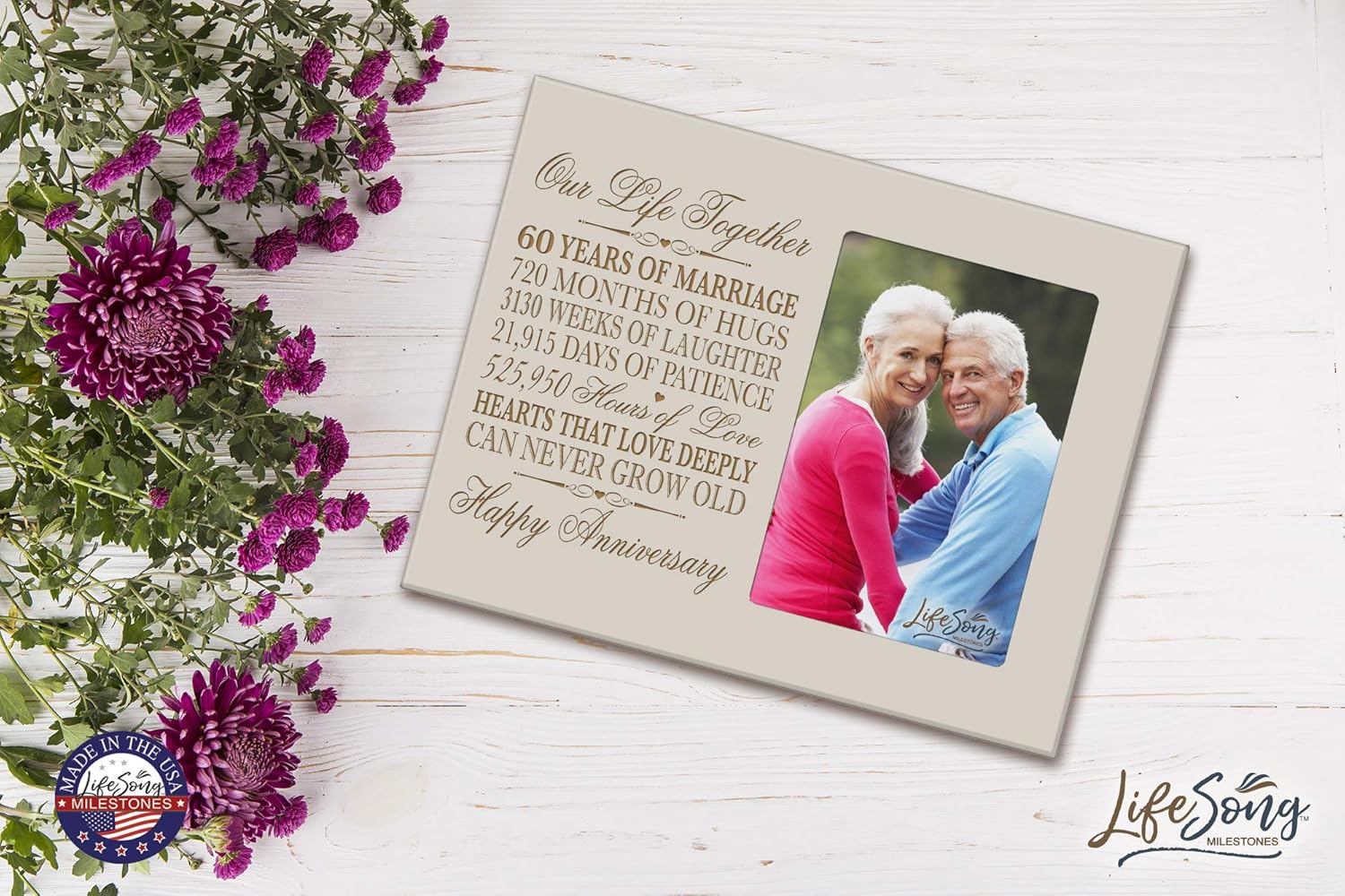 60th for her him 60 Year Wedding for Couple Parents Celebration Picture Frame Holds 4x6 Photo 8" H X 10" W (Ivory)