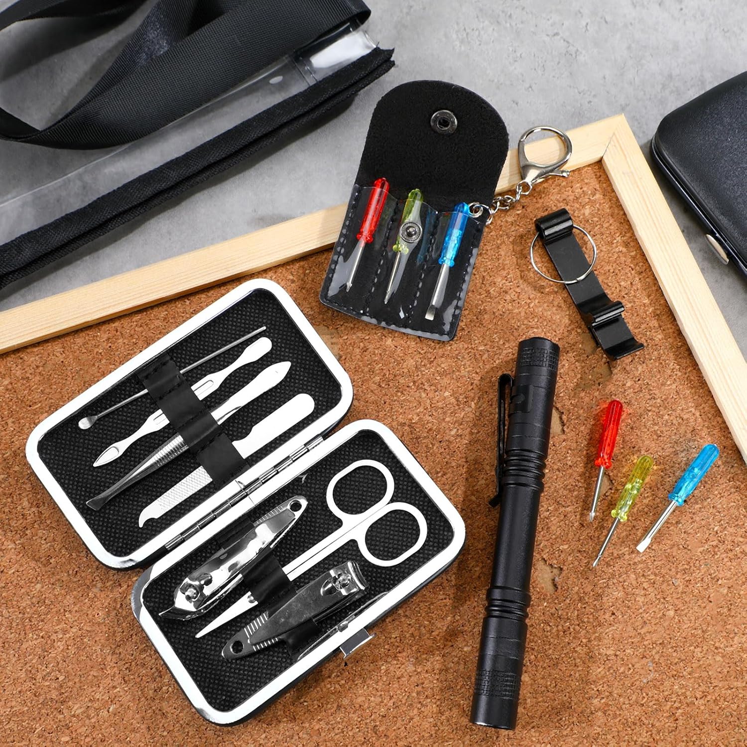 5 Sets Baby Shower Prizes for Winners Men Small Bottle Opener, Mini Screwdriver Keychain, Flashlight Pen, Tote Bag and Nail Clipper Set Party Favor Gift for Men Winner Bachelor Party(Black)