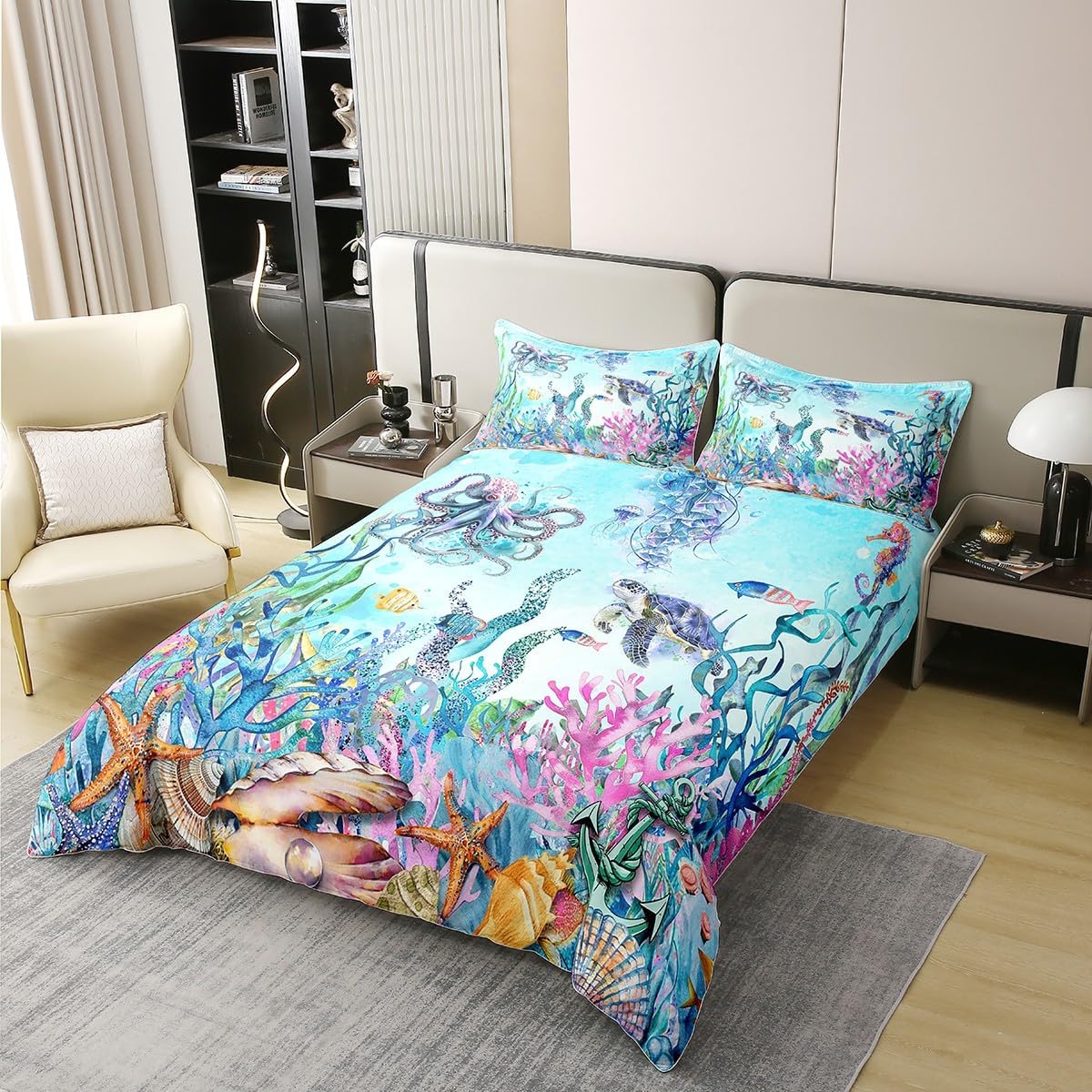 jejeloiu Kids Blue Ocean Seaworld 100% Cotton Duvet Cover,Queen Size Octopus Turtle Coral Seagrass Seaworld Bedding Set,Ultra Soft Ocean Animals Print Comforter Cover Set Bedspread Cover,No Comforter