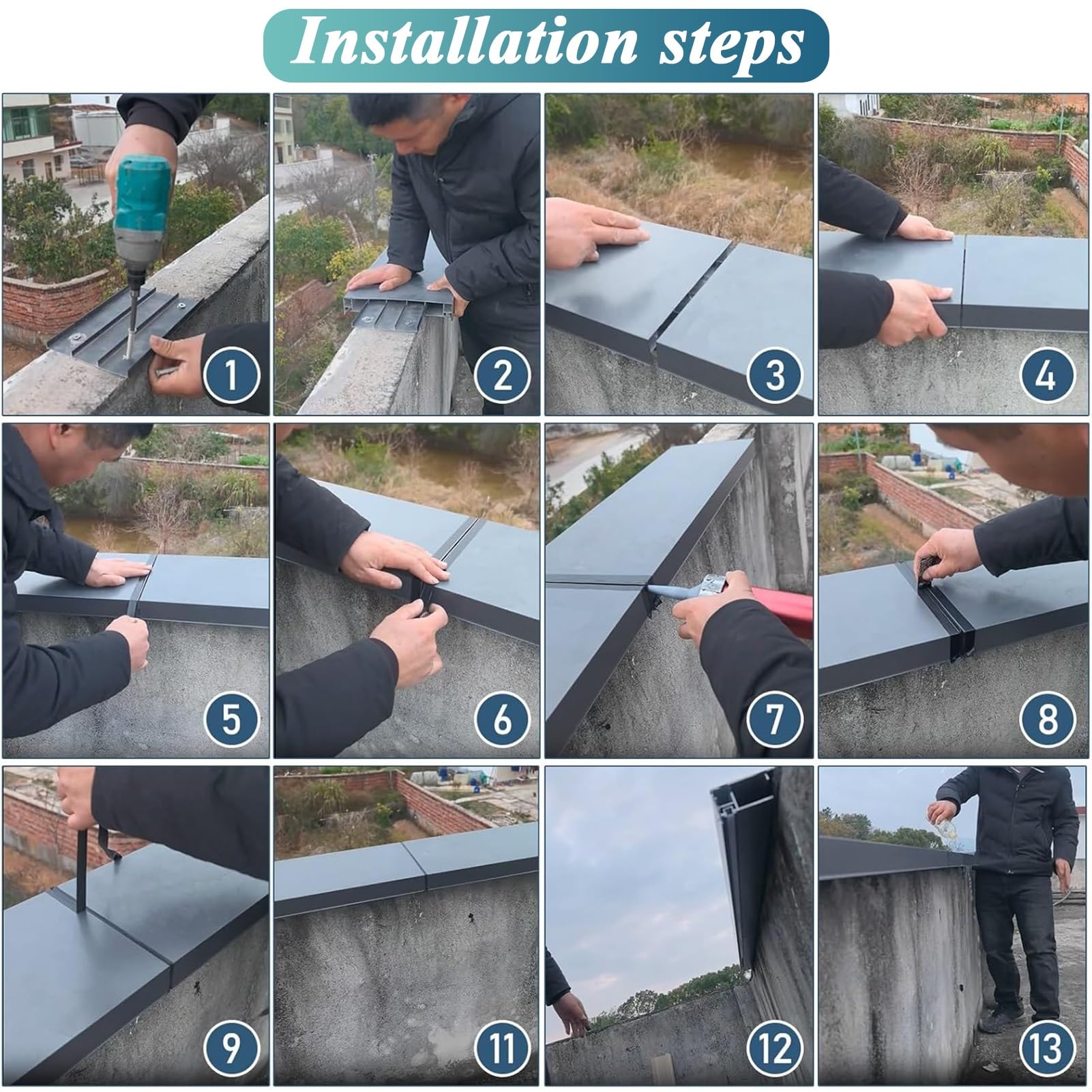 Tapas de Aluminio de Remate de Muro de Parapeto para Patio Villa Terraza | Placa de Cubierta Superior para Renovación de Muros de Ladrillo, Hormigón y Piedra con Goterón(L 78.7",W 7 3/8")