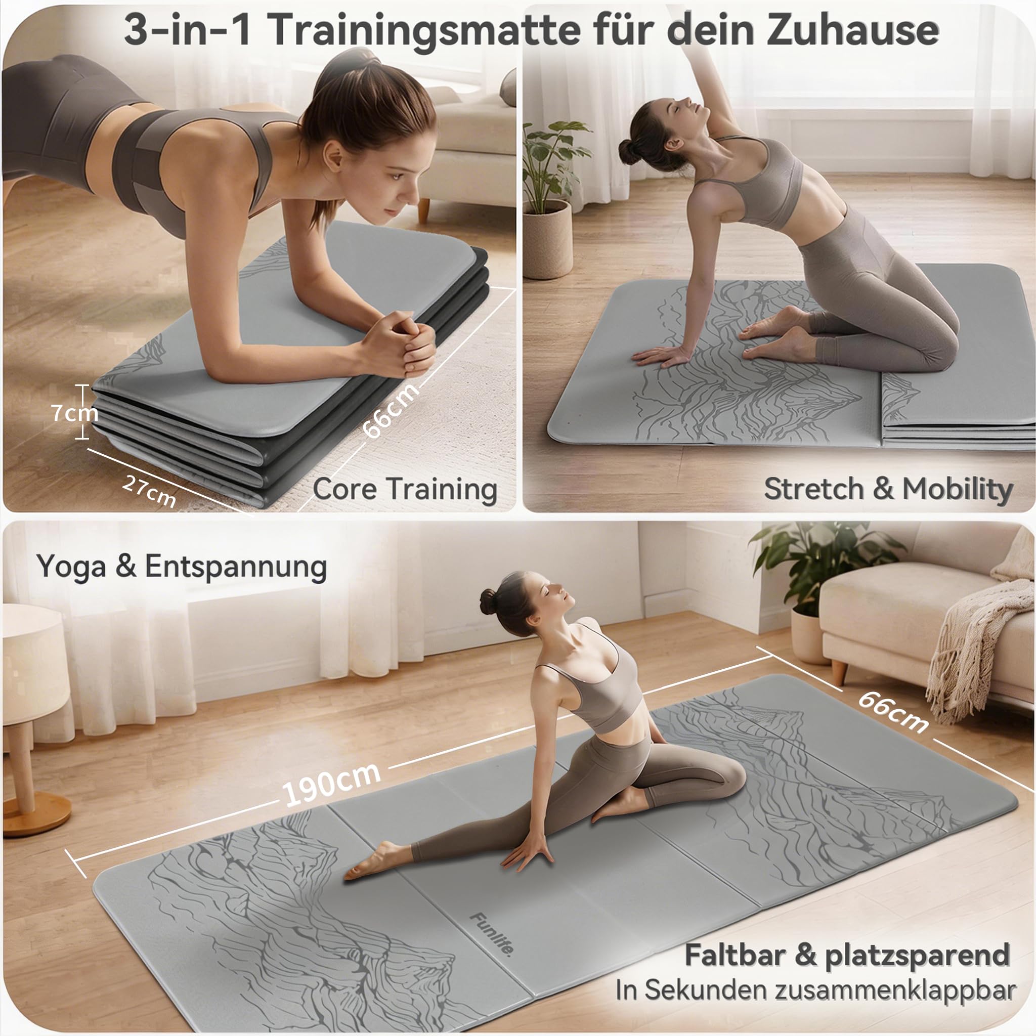 FunLife Yogamatte XXL 190x66cm – 10mm Extra Dick & Faltbar, Rutschfeste Fitnessmatte für Yoga, Pilates & Gymnastik, Ideal für Indoor & Outdoor