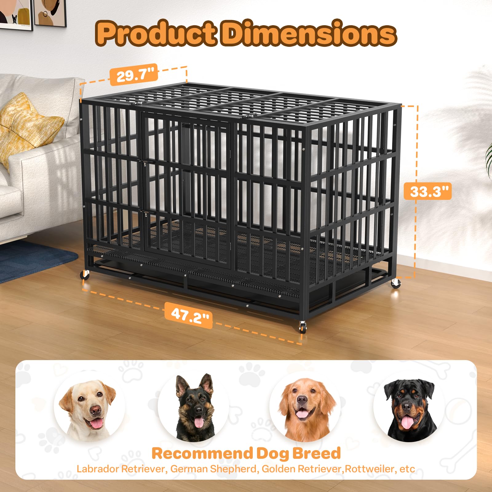 IronovaPets 48 Inch Heavy Duty Dog Crate, Indestructible Escape-Proof Dog Kennel for High Anxiety Large Dogs, Strong Carbon Steel Metal Cage with Double Doors, Lockable Wheels & Removable Tray - image 5