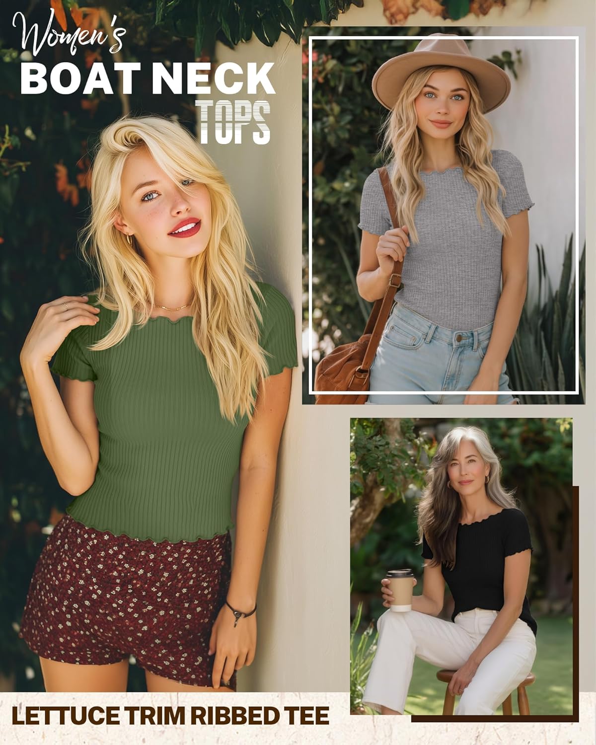 Riyiper 3 Pack Women's Boat Neck Ribbed Tops Lettuce Trim Short Sleeve T-Shirts Crop Fitted Summer Basic Tees Shirt - Image 3