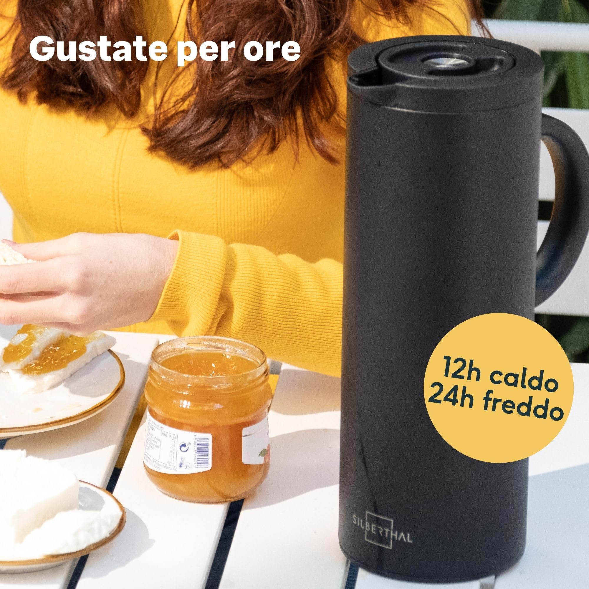 SILBERTHAL Caraffa termica caffe caldo Acciaio inox | Thermos caffè 1 litro | Brocca termica a doppia parete isolata | Caraffa termica nera | Termos per bevande calda