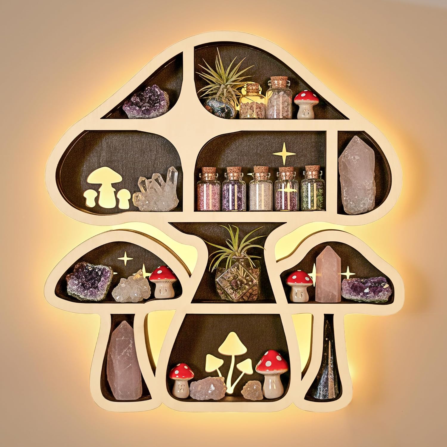 LED Mushroom Decor Cute Mushroom Floating Shelves, Crystal Shelf Display for Wall, Rock Gem Stone Storage Organizer, Trinkets Holder, Knick Knack Shelf, Mushroom Item, Unique Gift for Mushroom Lovers