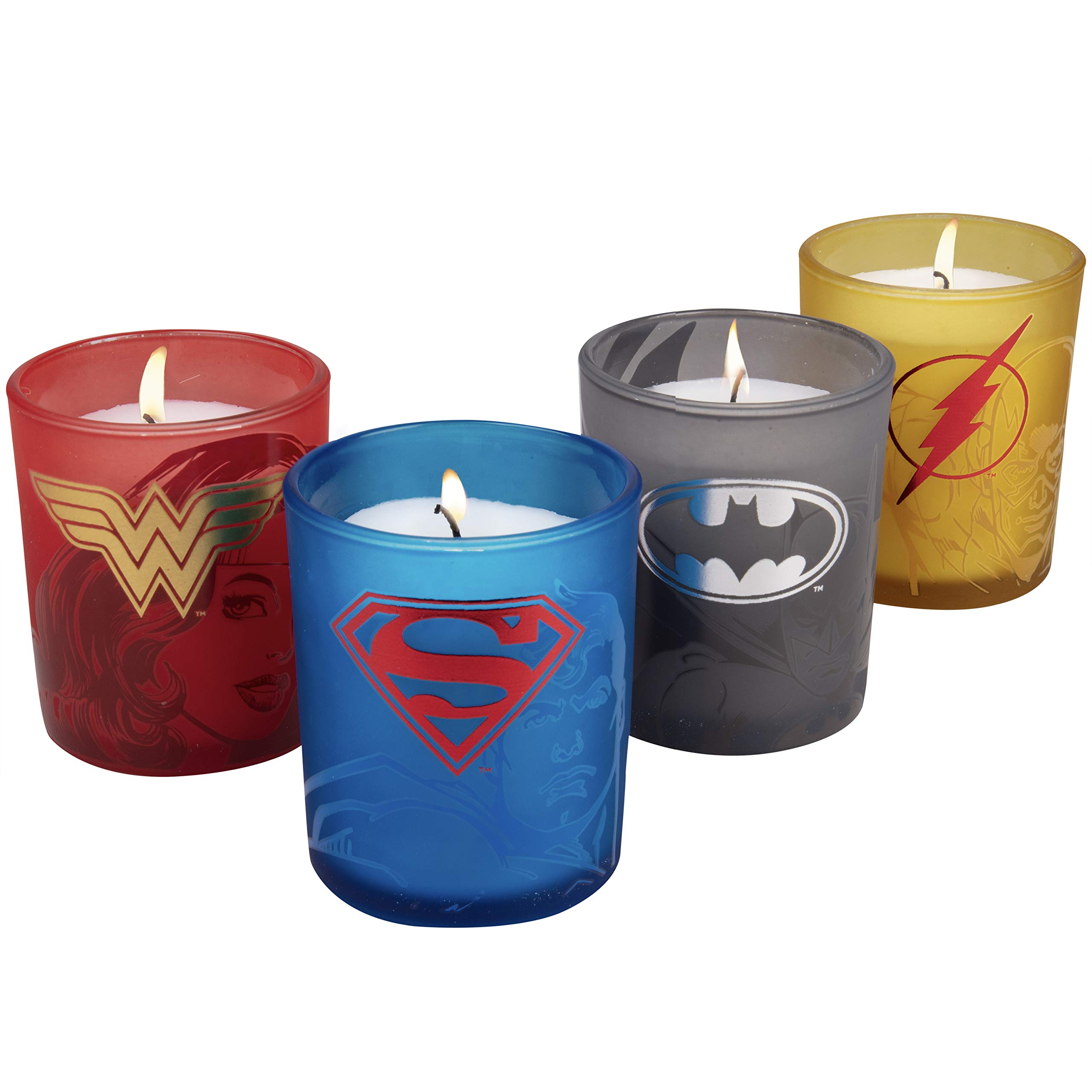 Insight Editions DC Comics Justice League Glass Votive Candles - Set of 4 - Superman, Wonder Woman, Flash, Batman - Unscented - 3 oz Each