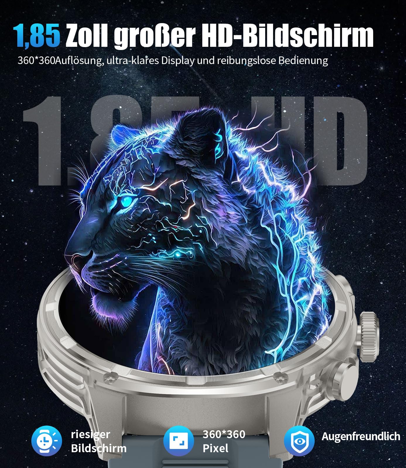 LIGE Smartwatch męski z latarką LED, duży wyświetlacz HD 1,85", akumulator 710 mAh, zegarek sportowy z funkcją telefonu, 100+ trybów sportowych, zegarek fitness, 24/7 tętna/monitor snu, do systemu