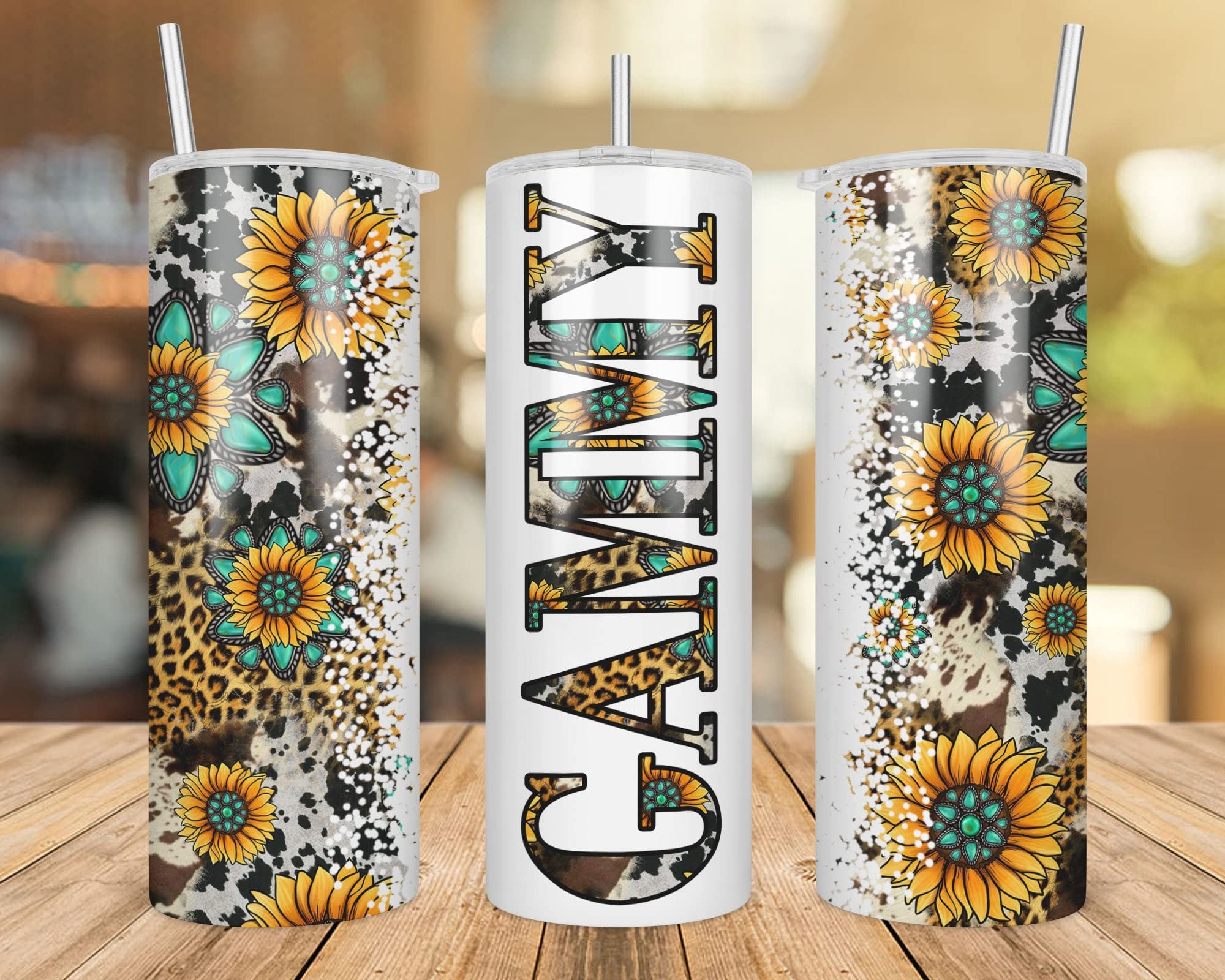 Gammy Sunflower Turquoise Gemstone And Leopard - Gammy Skinny Tumbler Cowhide Distressed Tumbler - Western Tumbler 20Oz Skinny Tumbler - Gammy Gift
