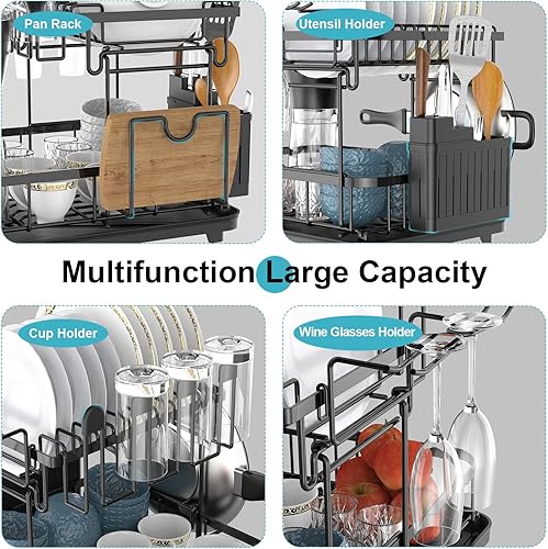 Miniatura 7 de Escurridor de platos de 2 niveles con escurridor, organizador de platos grande y colador para encimera de cocina con paspartú, soporte para copas de