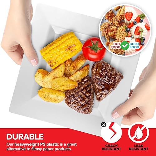 Miniatura 4 de Stock Your Home 60 platos de plástico cuadrados blancos de alta calidad, platos desechables elegantes para fiestas, juegos de vajilla de boda