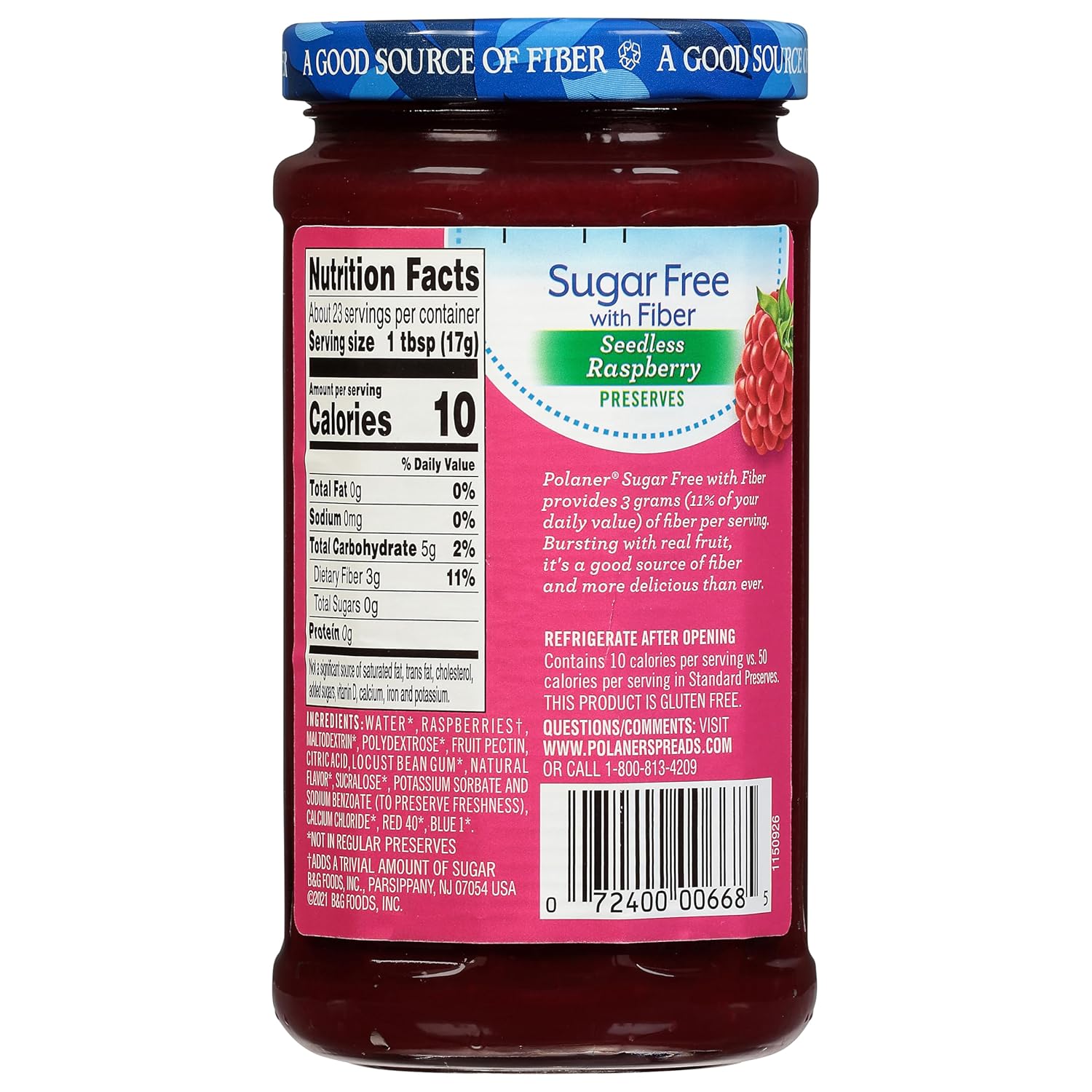 Polaner Sugar Free with Fiber, Seedless Raspberry Preserves, 13.5 Ounce (Pack of 4)