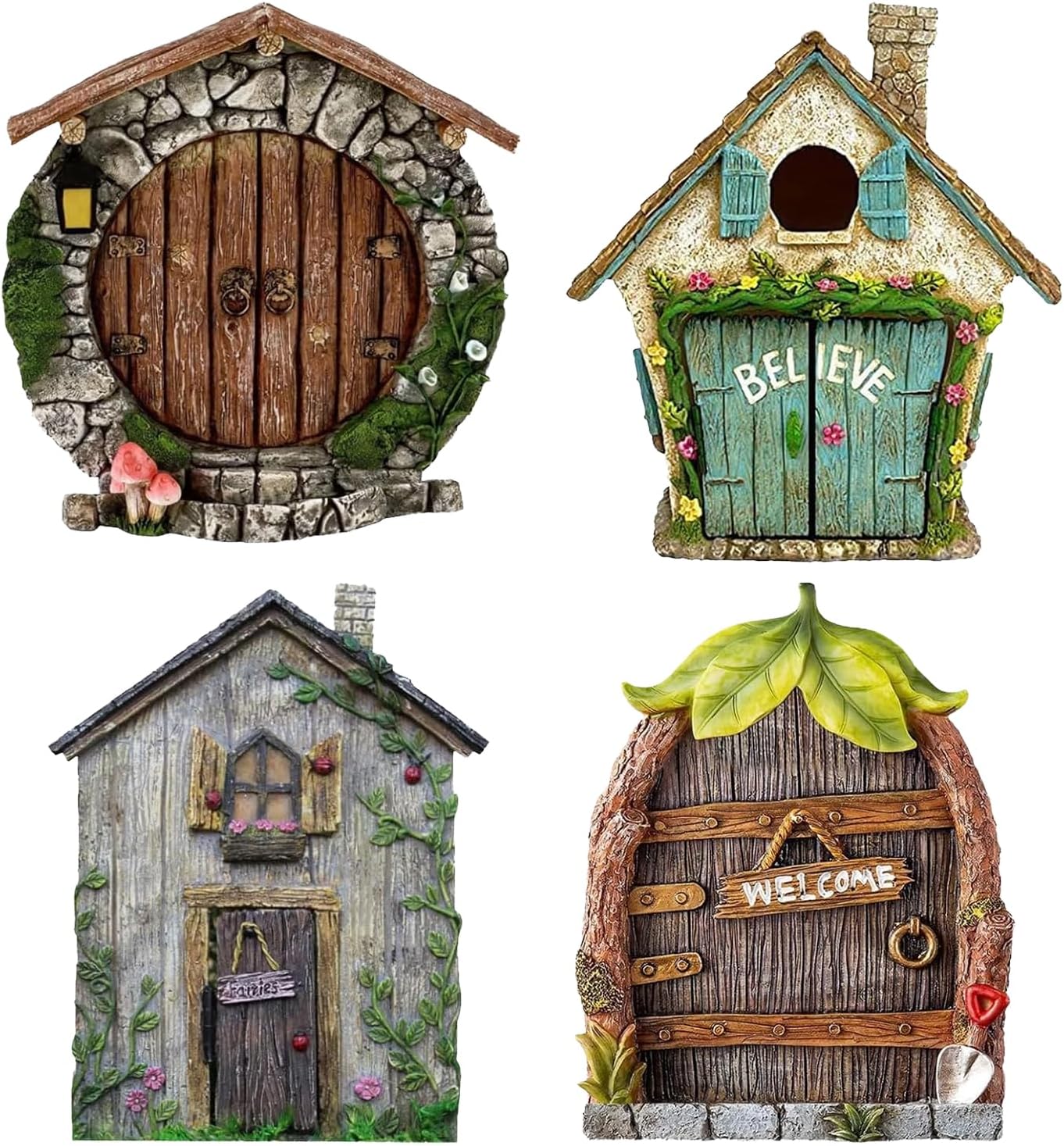 Cumnvulnt 4 Pcs Fairy Door, Miniature Fairy Doors for Garden Trees, Wooden Fairy Doors for Garden Yard Home Office Potted Decoration