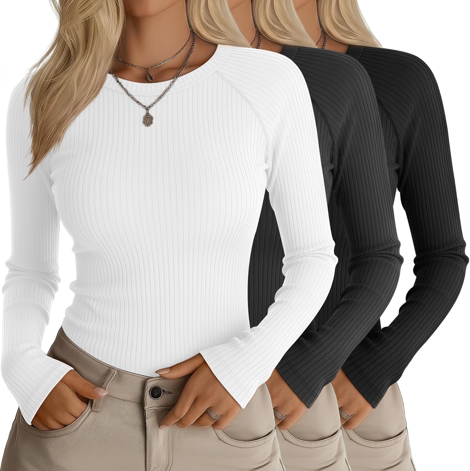 Huukeay 3 Pack Women's Long Sleeve Thermal Shirts Ribbed Knit Crew Neck Tops Raglan Sleeve Slim Fit Base Layer Undershirts