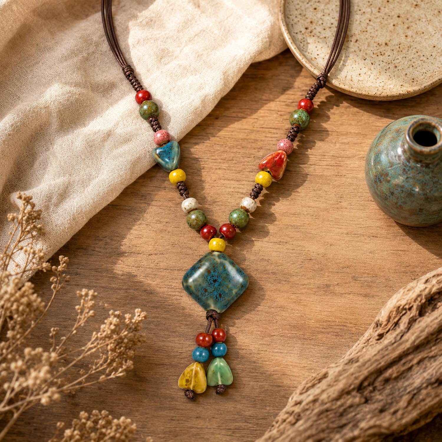 ElevateTech Boho Beaded Necklace for Women Bead Necklace Colorful Ceramic African Tribal Beads Adjustable Bohemian Western Bead NecklaceVintage Handmade Charm Gift