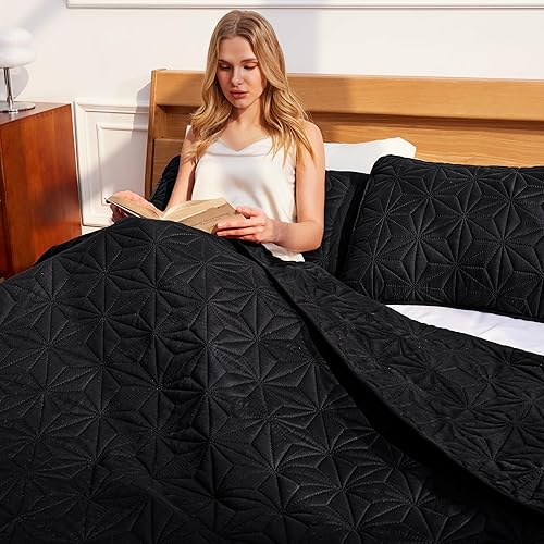 Miniatura 3 de Whale Flotilla - Juego de ropa de cama King, suaves colchas negras para cama tamaño King para todas las estaciones, 3 piezas de colcha geométrica