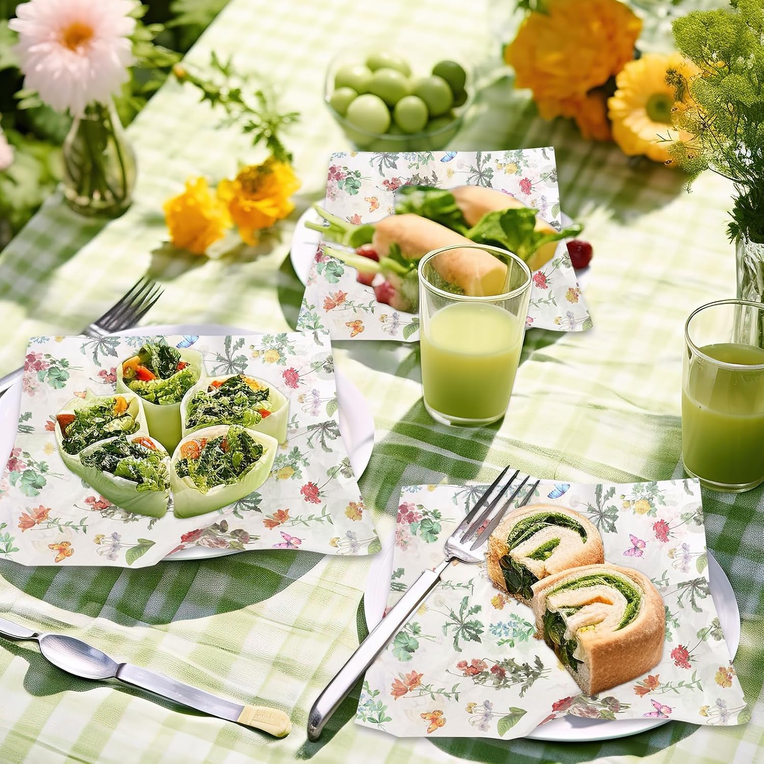 WorldBazaar Flower Wax Paper Sheets for Food 100pcs Wildflower Deli Paper for Sandwich Snack Fruit Picnic Waterproof Oil-Proof Liner Home Kitchen Party Supplies