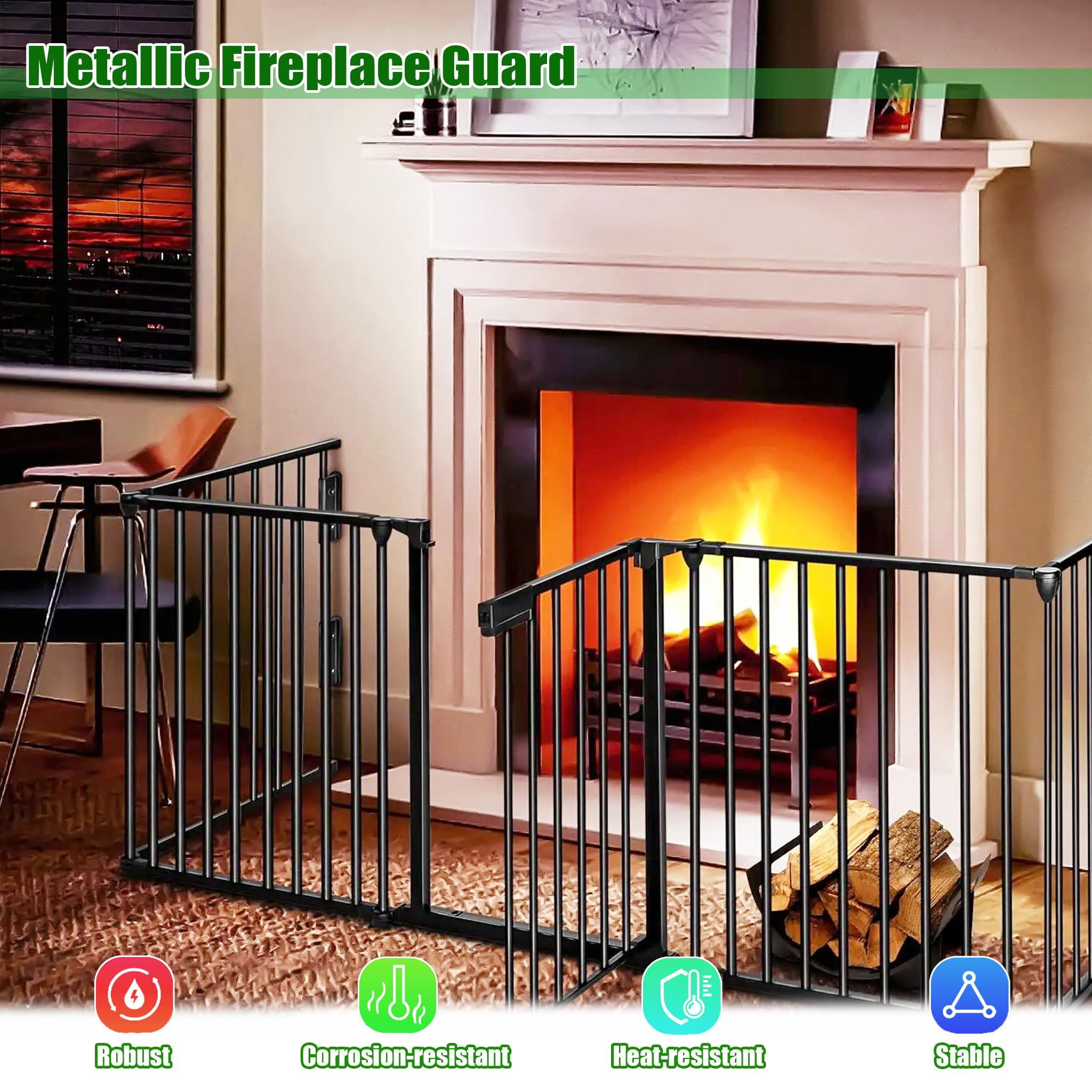 Rejilla de protección para chimenea negra con puerta, de metal, protección infantil, para niños, para mascotas, 300 cm