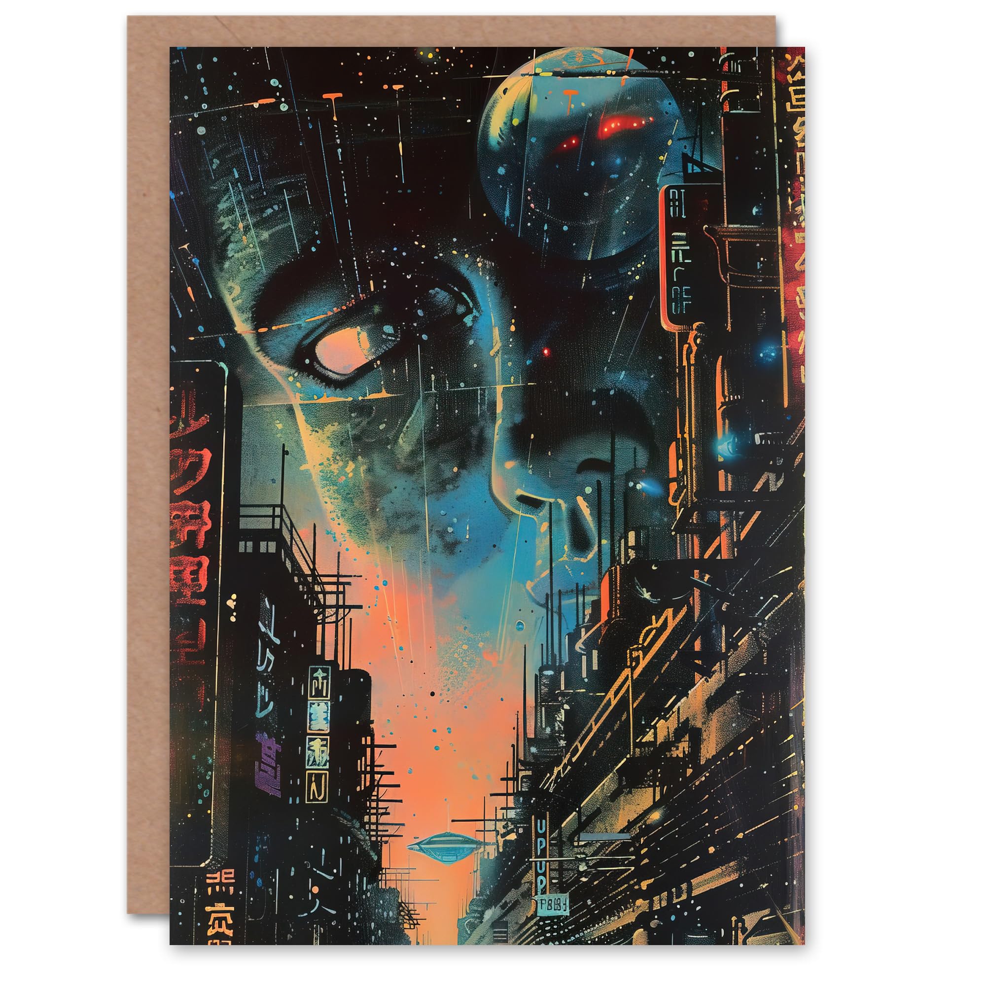 Greeting Card Japanese Sci Fi City Tokyo Japan Cyberpunk Pulp Blank Birthday