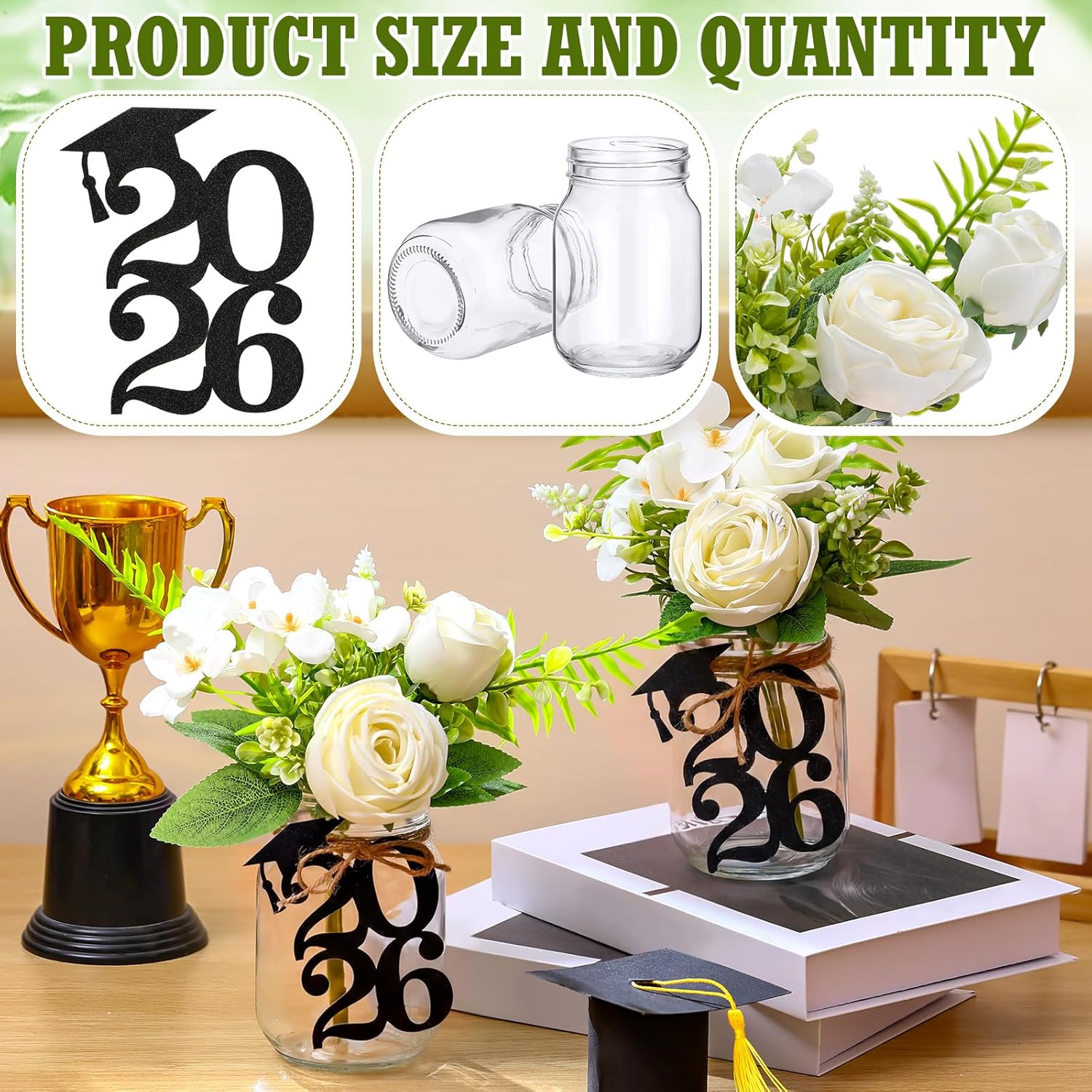 10 Sets 2026 Graduation Table Centerpieces Party Decoration Mason Jars with Glitter Cutouts Tags Artificial Flowers and Jute Rope Double Side 2026 Graduation Cutouts for Grad Decors(Black)