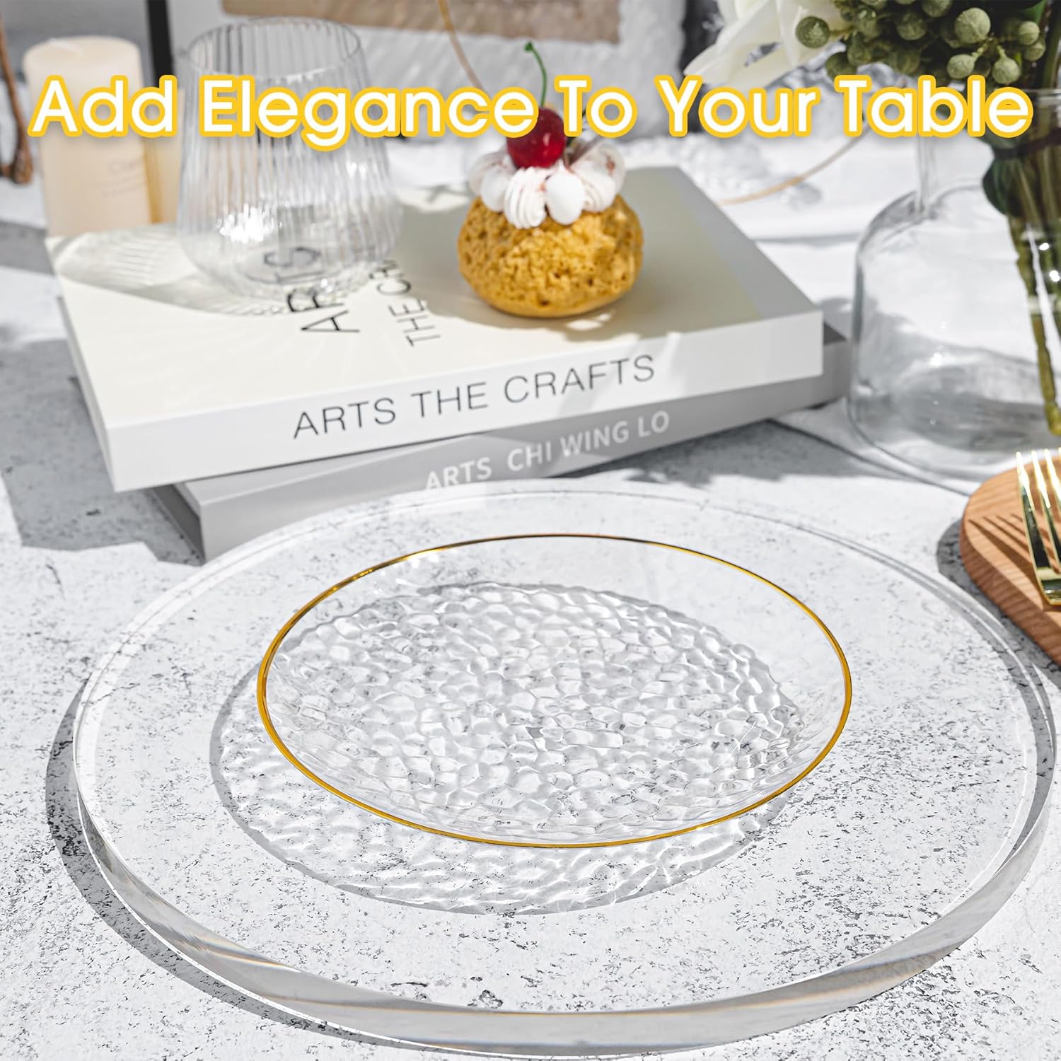 100PCS Clear and Gold Plastic Plates, 7 Inch Disposable Dessert Plates with Gold Rim, Heavy Duty Stone Texture Plastic Plates for Party and Weddings - Image 5