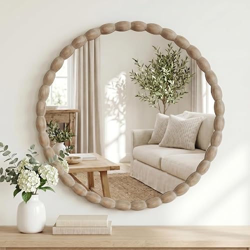 30"x30" Round Solid Wood Farmhouse Decorative Wall Mirror