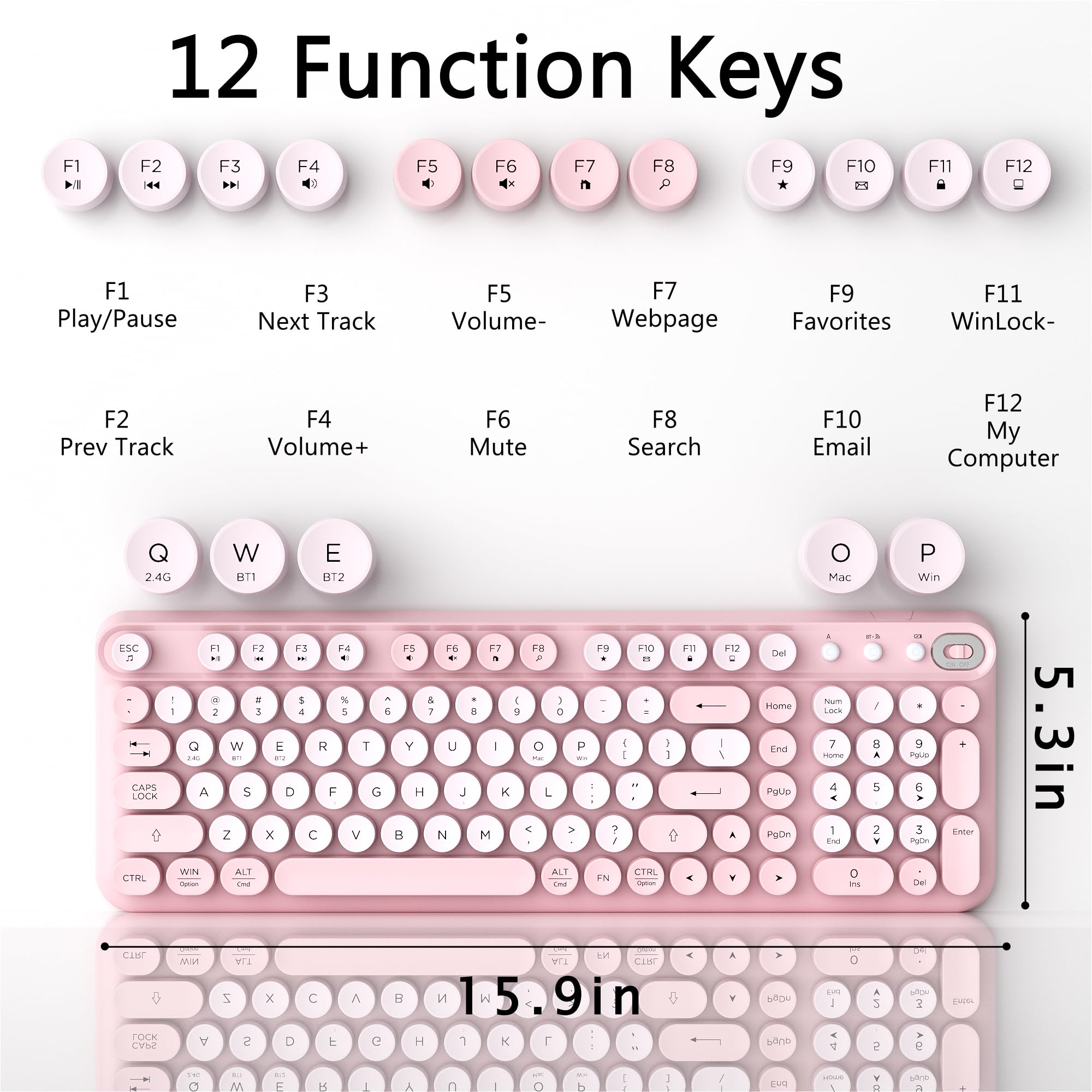 Links9+ Teclado Bluetooth inalámbrico, receptor de 2.4 GHz (rosa) | Batería de larga duración, 2.4G y teclado Bluetooth de modo dual compatible con Windows, macOS, iPad, PC, portátil, tableta