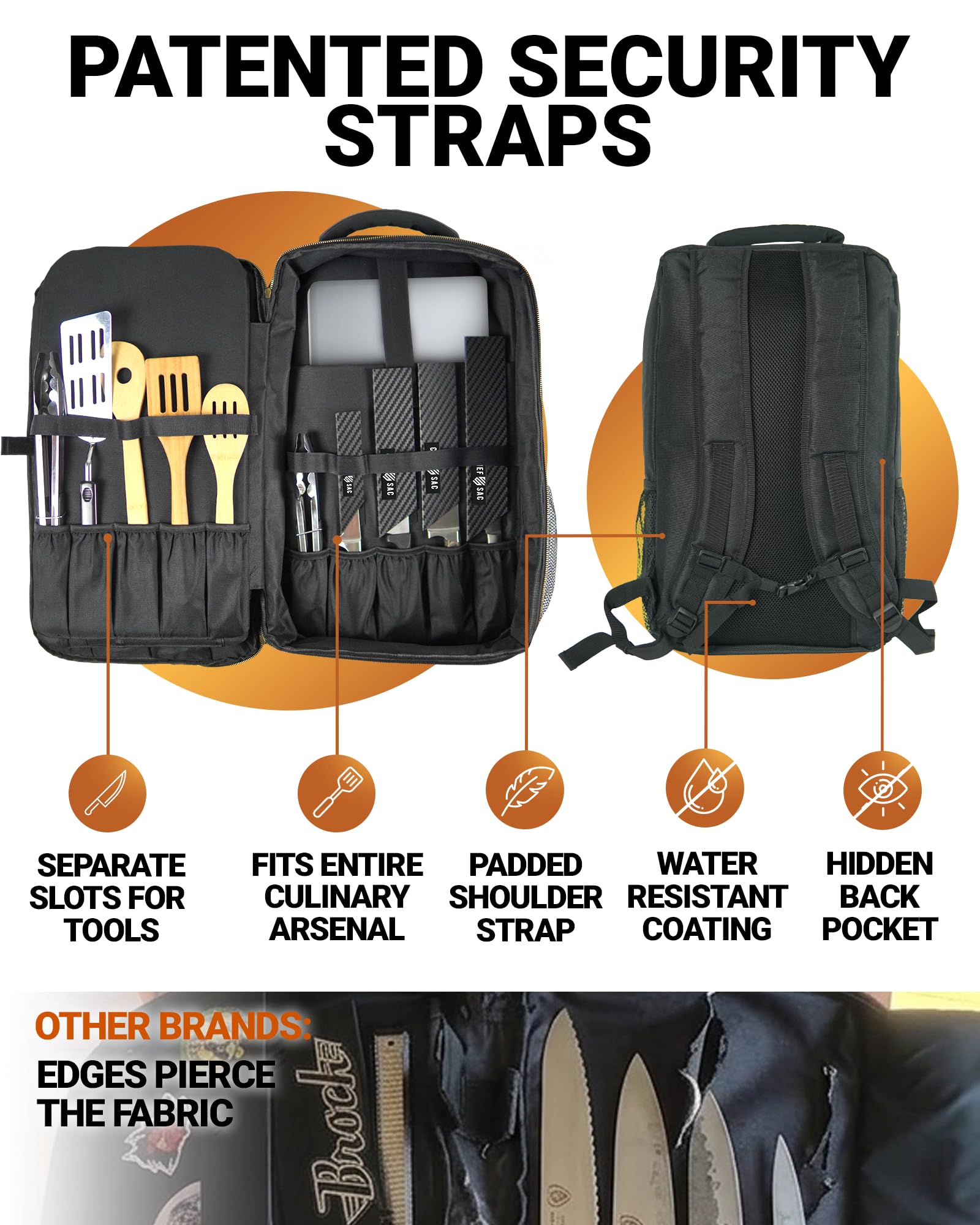 Chef Knife Backpack TRAVELLER - Patented Knife Retention Panels with Hook-and-Loop, Water Resistant 900D Polyester Canvas, YKK Zippers, Work Bag for Chefs & Culinary Students (Black) — Amazon image 3