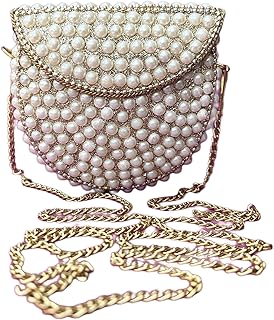unfoldself Mini Pearl Bag | Handmade Beaded Clutch - Shoulder Sling for Women & Girls, White Embellishments on Metal-picture-24
