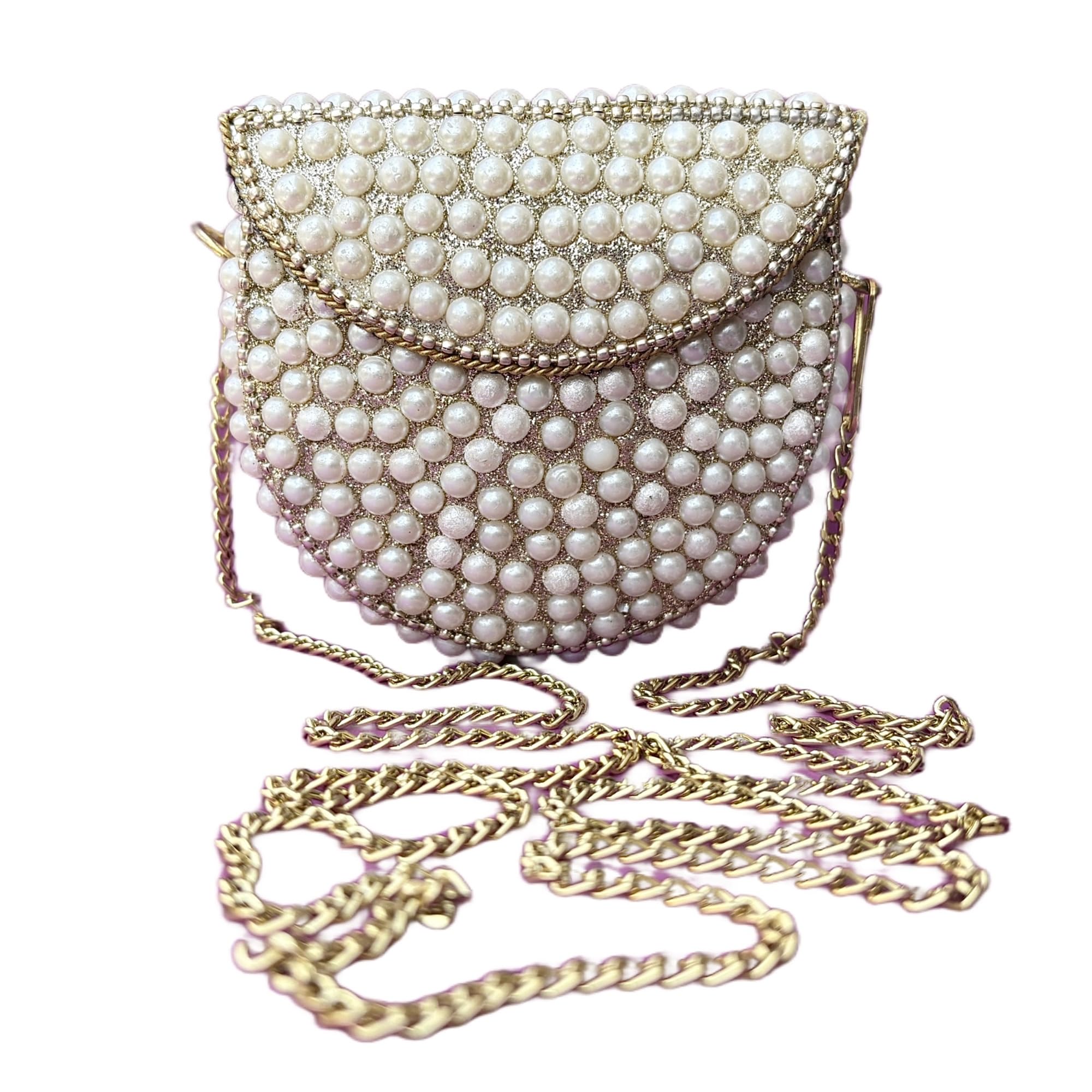 Mini Pearl Bag | Handmade Beaded Clutch - Shoulder Sling for Women & Girls, White Embellishments on Metal