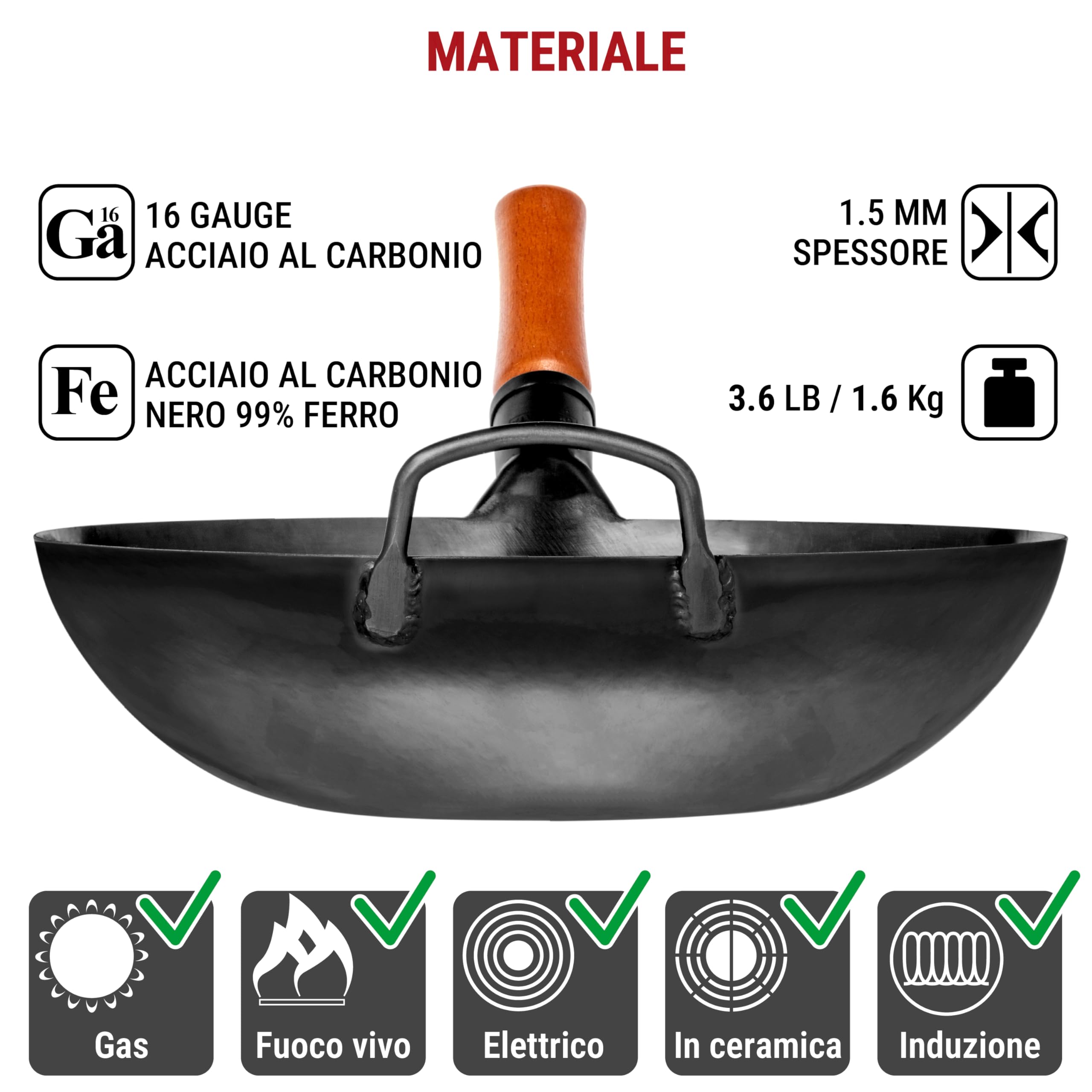 YOSUKATA Wok Padella Professionale 34 cm - Tradizionale Wok Acciaio al Carbonio Fondo Piatto Precondizionato Cinese Originale - Adatto a Gas, Induzione, Elettrico e Fuoco Aperto (Nero)