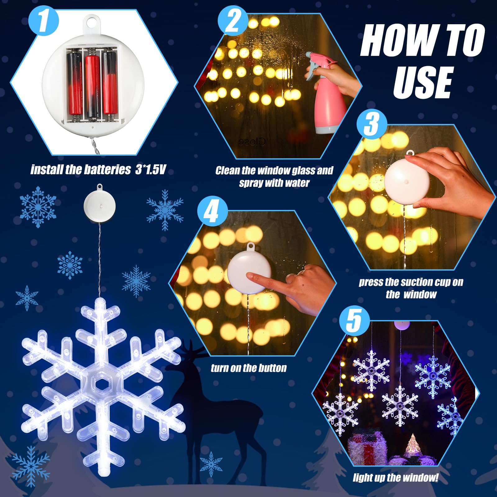 Retisee 6 Pcs Christmas Window Lights Decorations Battery Operated Snowflake Shaped Led Sucker String Lamp Hanging Lighted Snowflake Decorations Indoor String Lights for Xmas Tree (White, Blue)