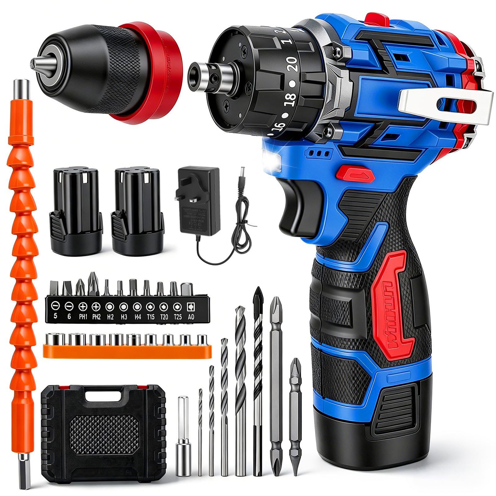 Cordless Drill Set, Combi Drill Cordless 45Nm Hammer Drill Driver Set with LED Light, 21+1 Torque, Battery Power Electric Screwdriver Kit for Home