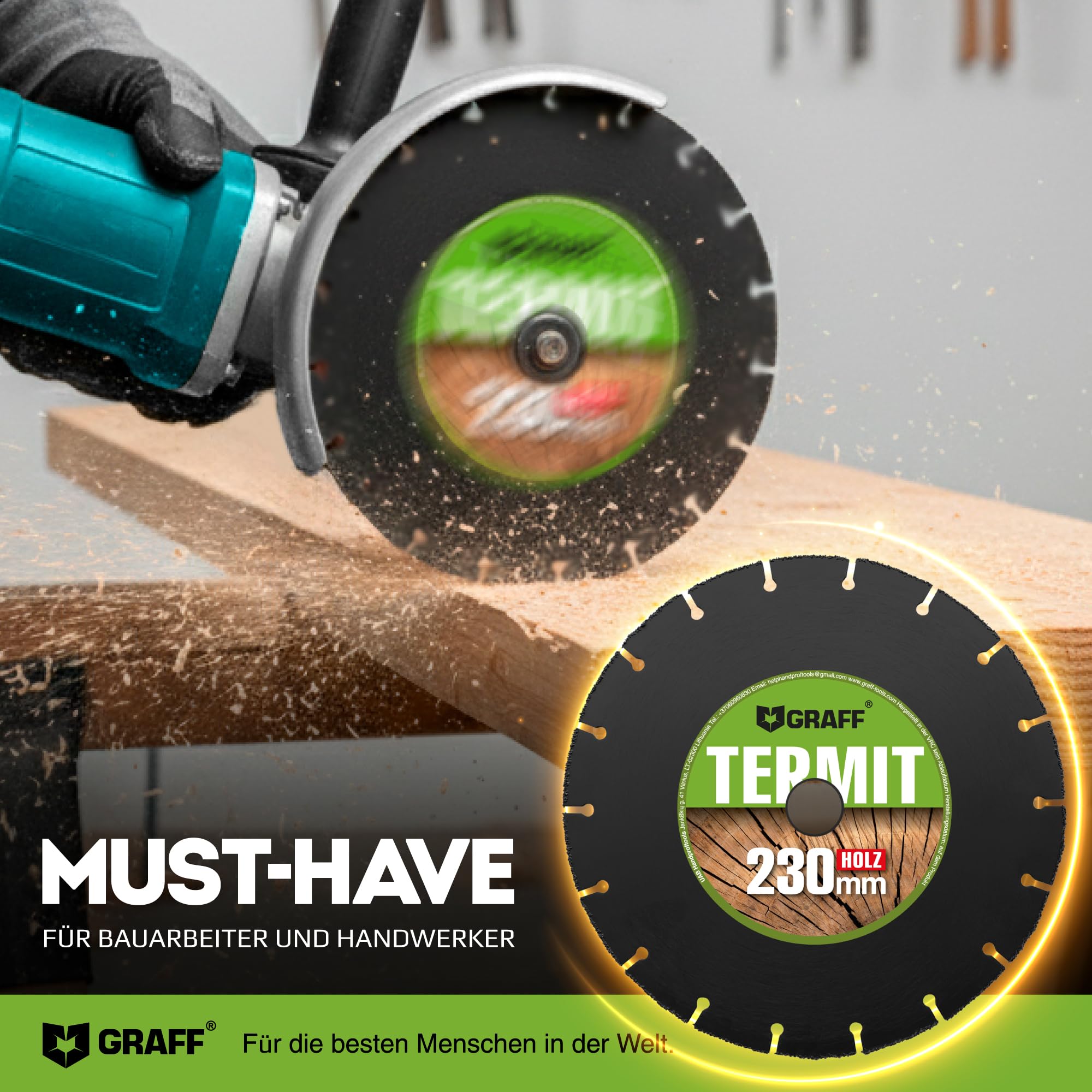 GRAFF Termit Disco de Corte para Madera 230 mm - Disco Amoladora 230 para Cortar Madera, Laminado, Plástico - Carburo de Tungsteno Disco de Corte para Amoladora Angular