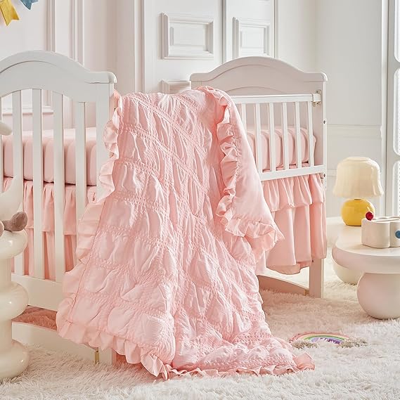Ruffled Crib Bedding Set Baby Boho Quilted Comforter with Fitted Sheet and Bed Skirt - Cute Soft Breathable Seersucker Ruffled Shabby Chic Bedding Soft Blanket Design - Pink