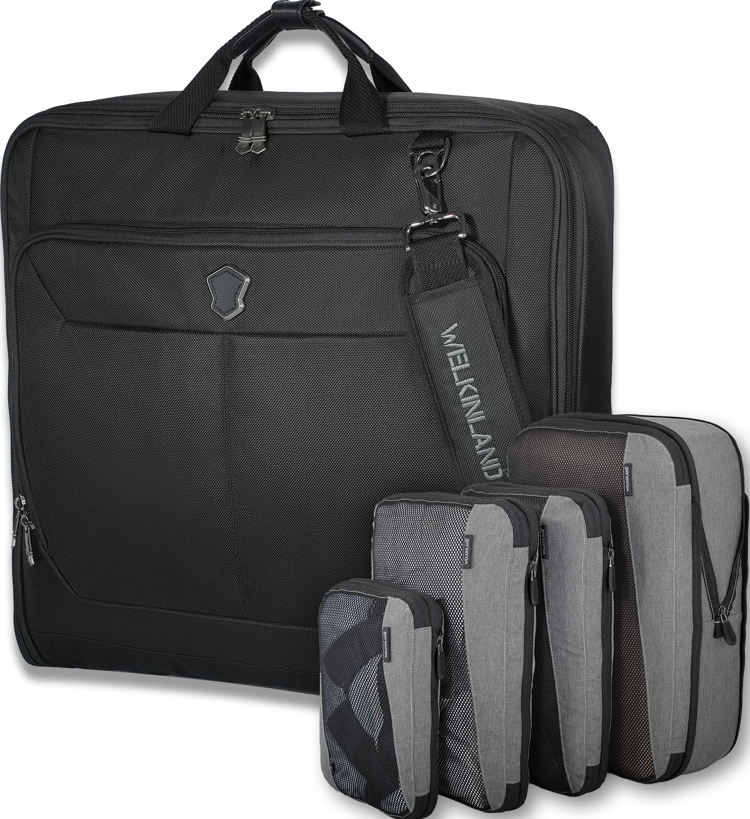 WELKINLAND 3-Suits Garment Bags for Travel W 4-Pack Compression Packing Cubes 30L-Large Carry On Garment Bag for Travel