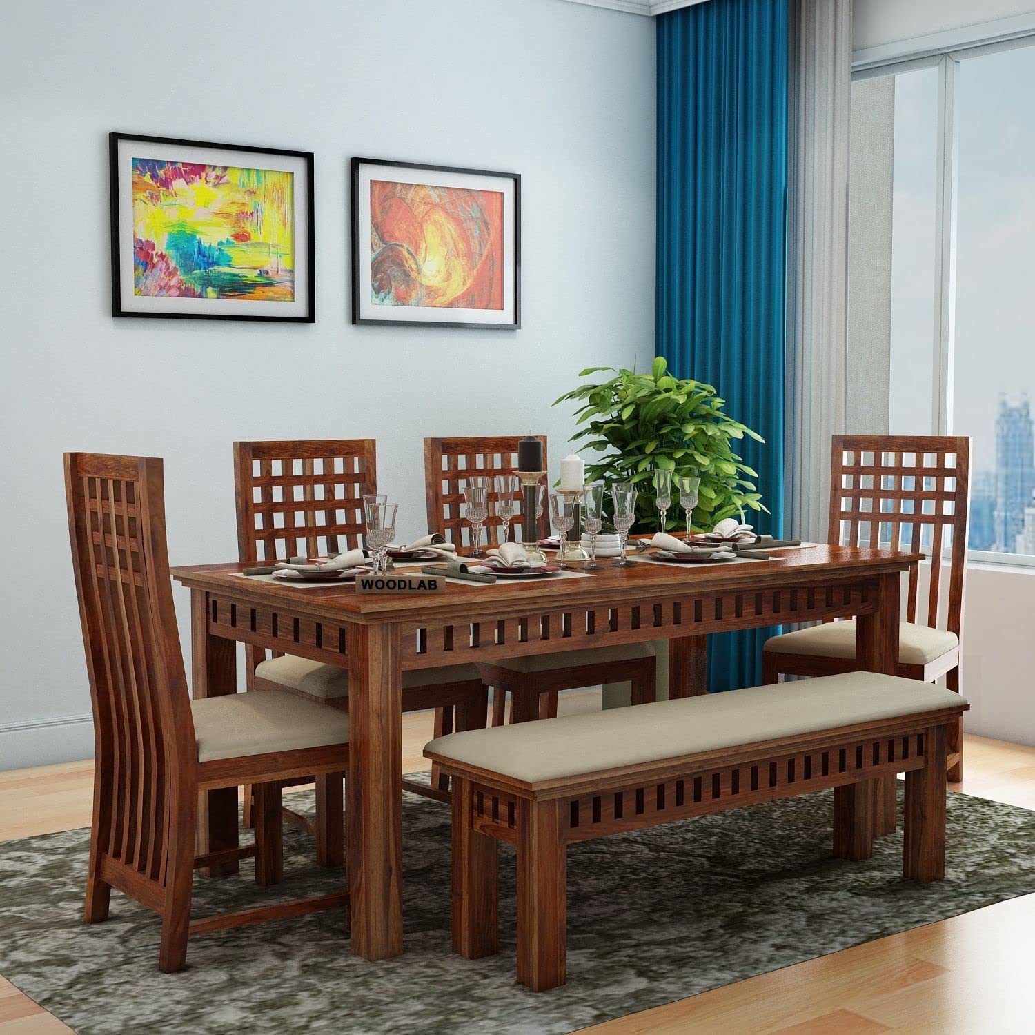 WOODLAB Furniture Sheesham Wood 6 Seater Dining Table with Cushioned Bench and Chairs Wooden Dining Table for Living Room Hotel (Honey Finish) (B0C3ZRQR61) Amazon Price History, Amazon Price Tracker