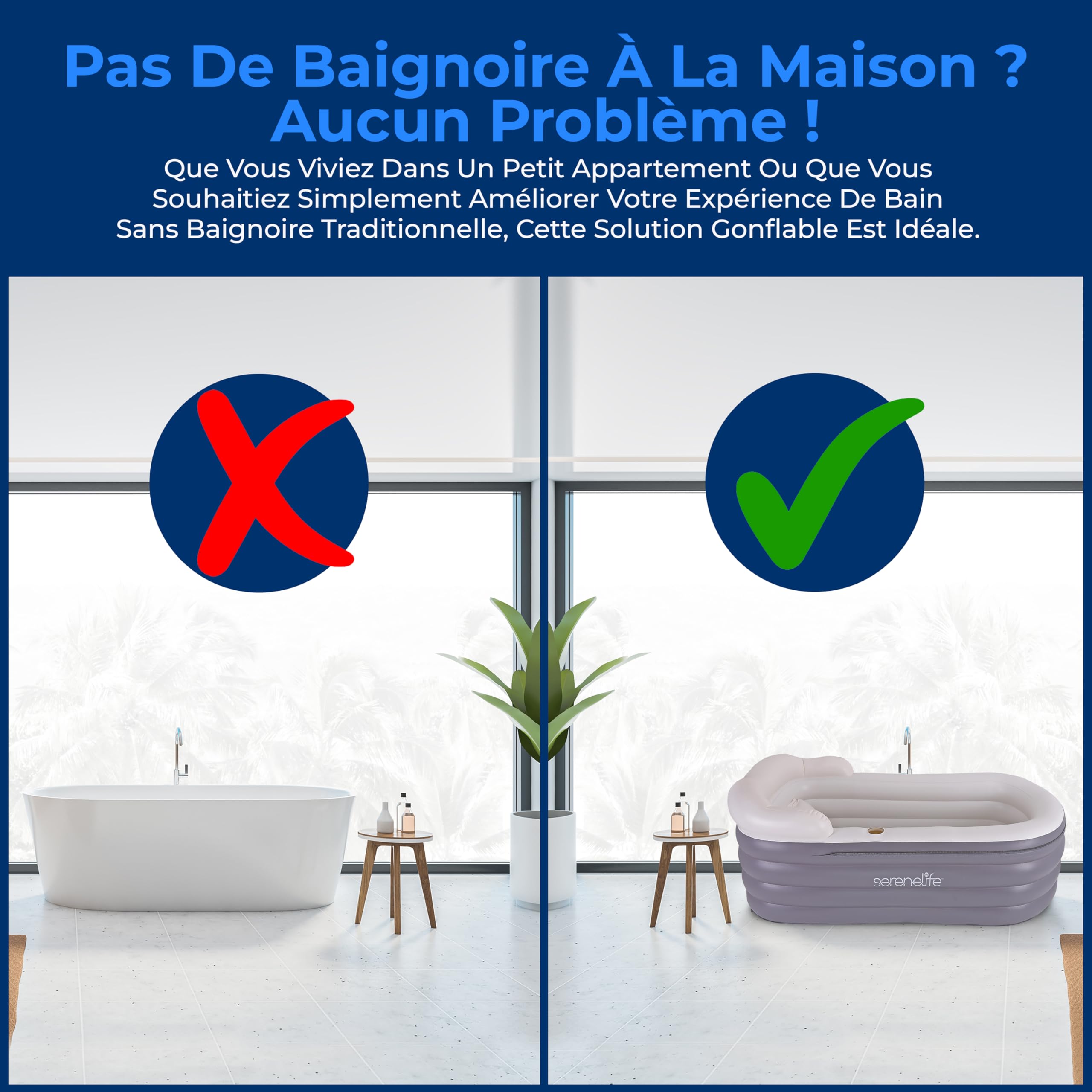 SereneLife Baignoire de Spa avec Tapis de Massage à Bulles, Baignoire Gonflable avec Coussin, Porte-Gobelet, Télécommande pour Éclairage LED, Dossier et Accoudoirs, Convient jusqu'à 86 kg