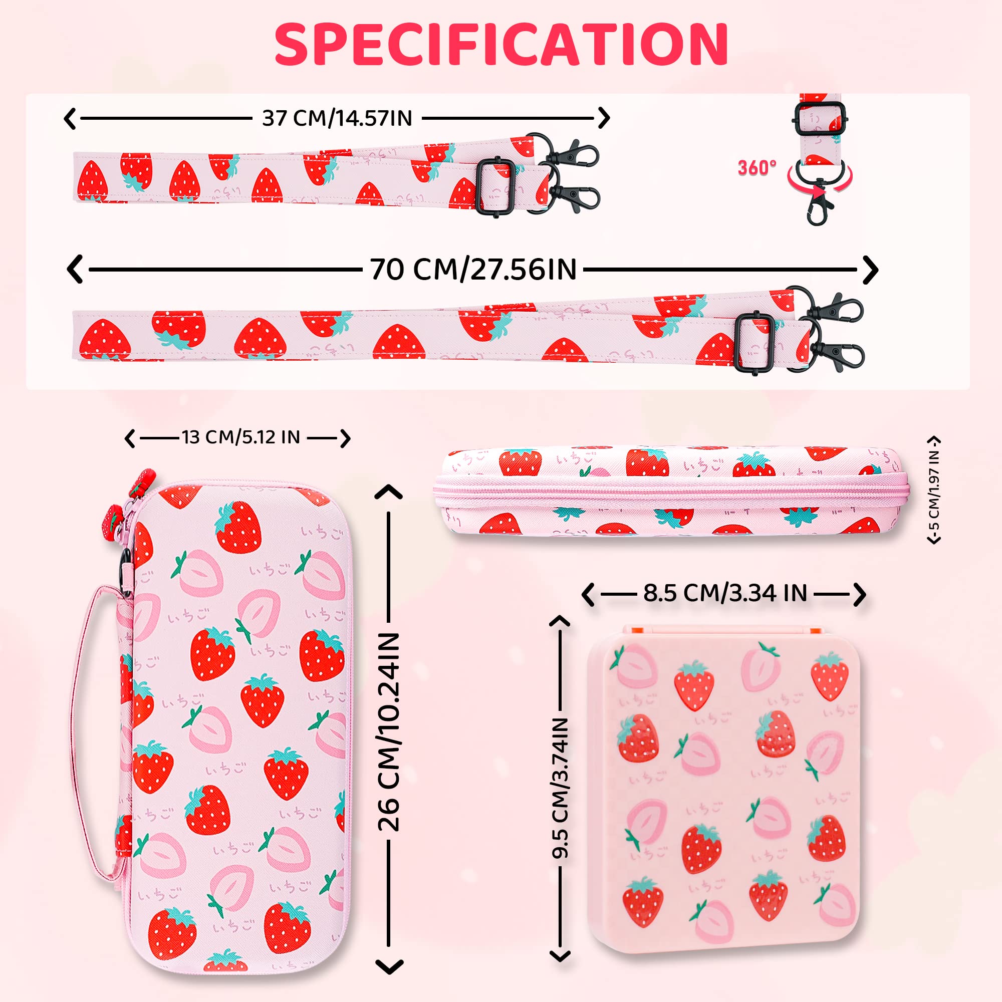 GLDRAM Custodia da trasporto rosa fragola per Nintendo Switch e modello OLED, protezione da viaggio portatile con custodia per carte da gioco, tracolla e 2 tappi per pollice, set di accessori per
