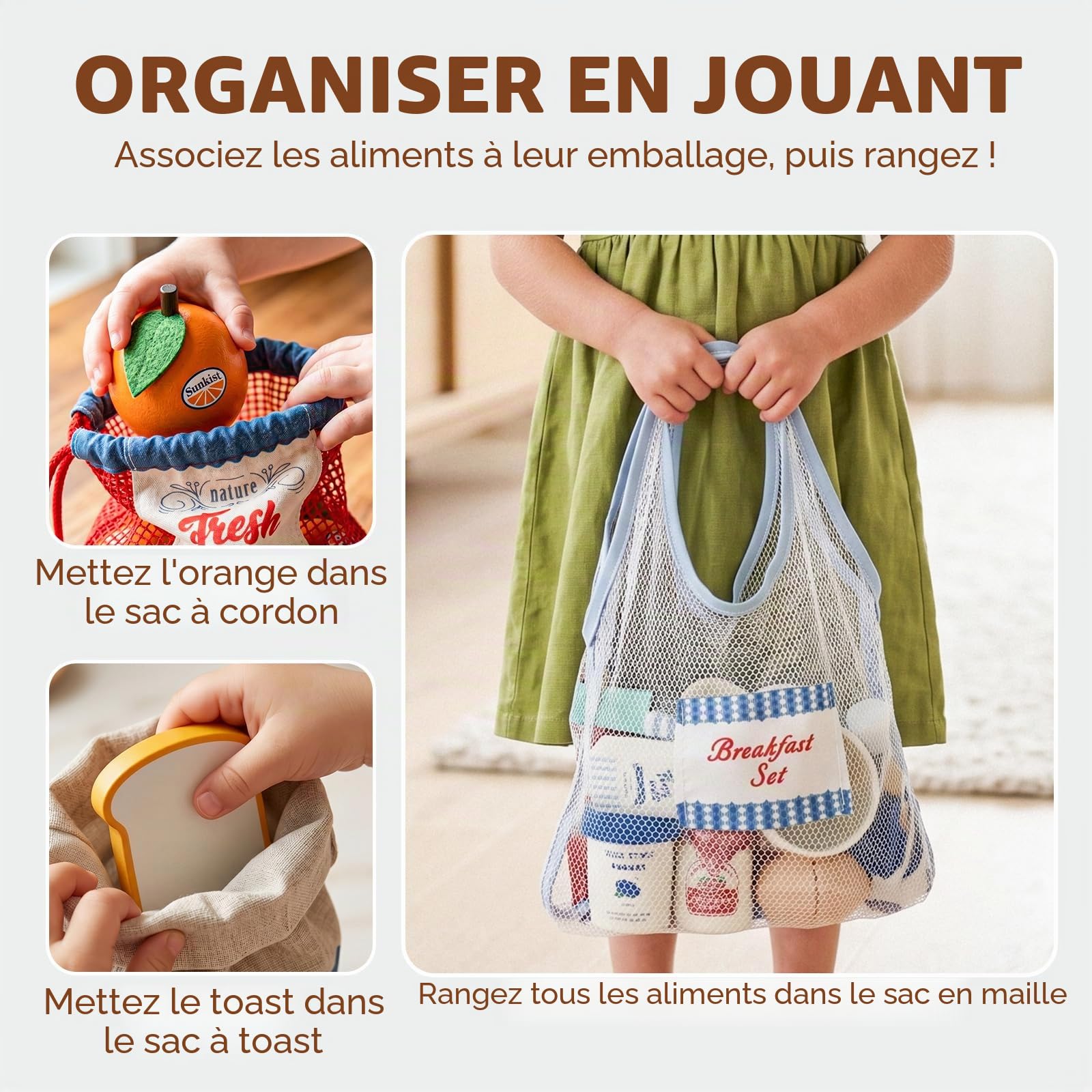 Lehoo Castle Cuisine en Bois Enfant, Jeu d'imitation Jeux Fruits a Decouper, Dinette avec Sac de Rangement, Jouets en Bois Cadeau Enfant Fille Garcon 2 3 4 5 6 Ans (Petit déjeuner)