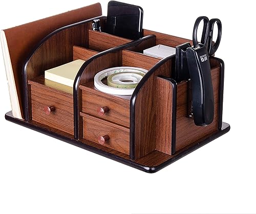 Liry Products - Organizador de escritorio de madera marrón, múltiples compartimentos, 3 cajones, ranuras, 2 estantes, soporte para suministros de