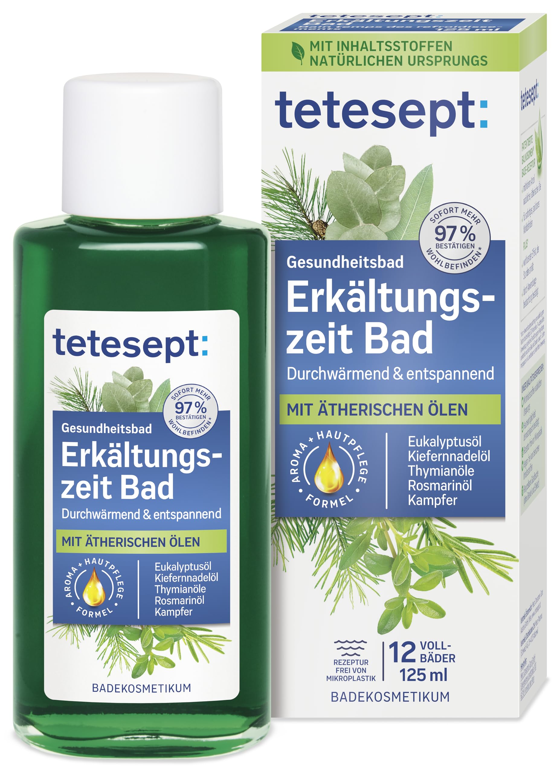 tetesept Erkältungszeit Bad – 1 x 125 ml – Gesundheitsbad für die kalte Jahreszeit mit 5 ätherischen Ölen – Wohltuender Badezusatz zur Entspannung von Körper und Geist