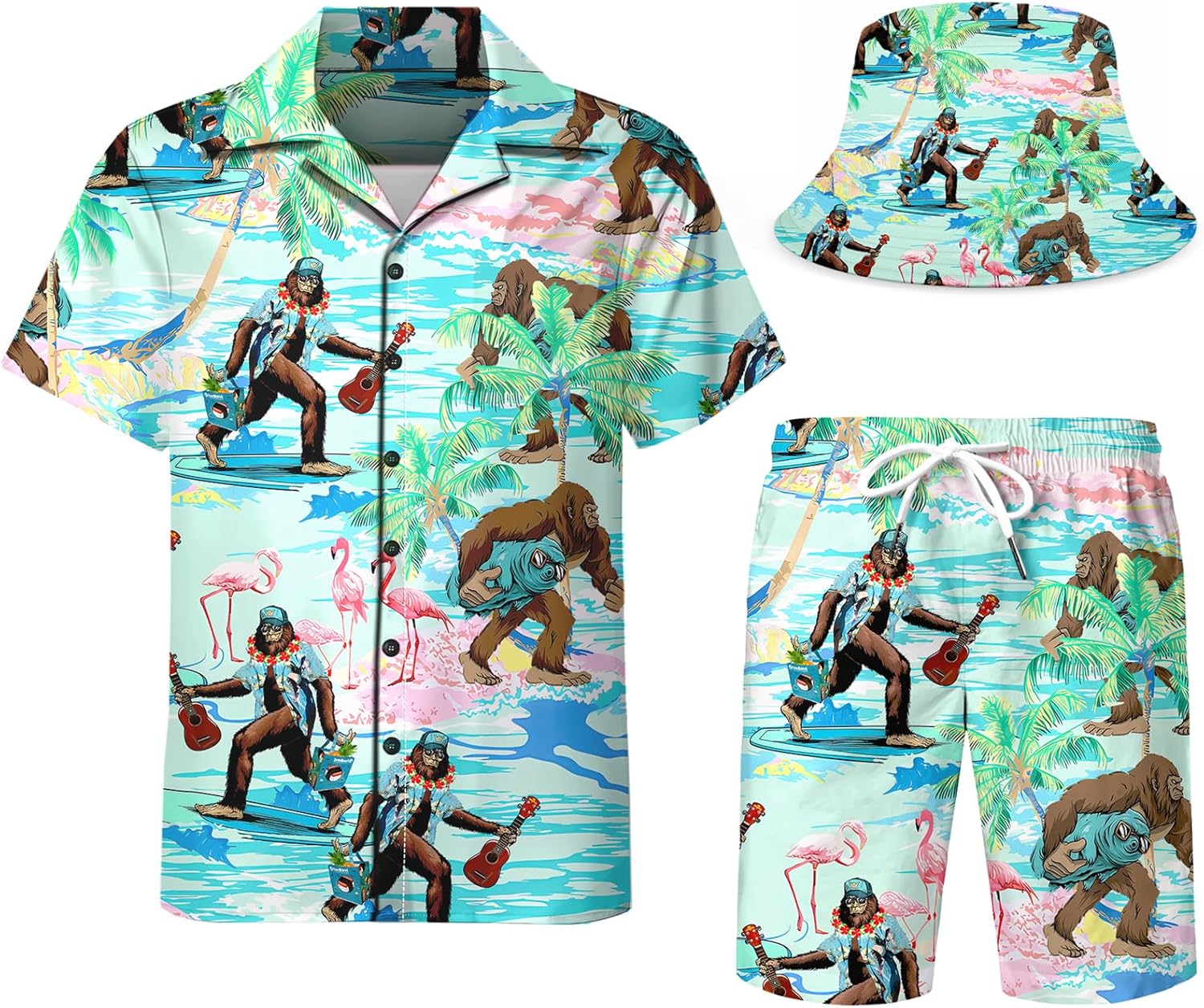 Men’s 2 Piece Tracksuit funny hawaiian shirts for men Button Down Shirt Shorts rave Outfits With Bucket Hats