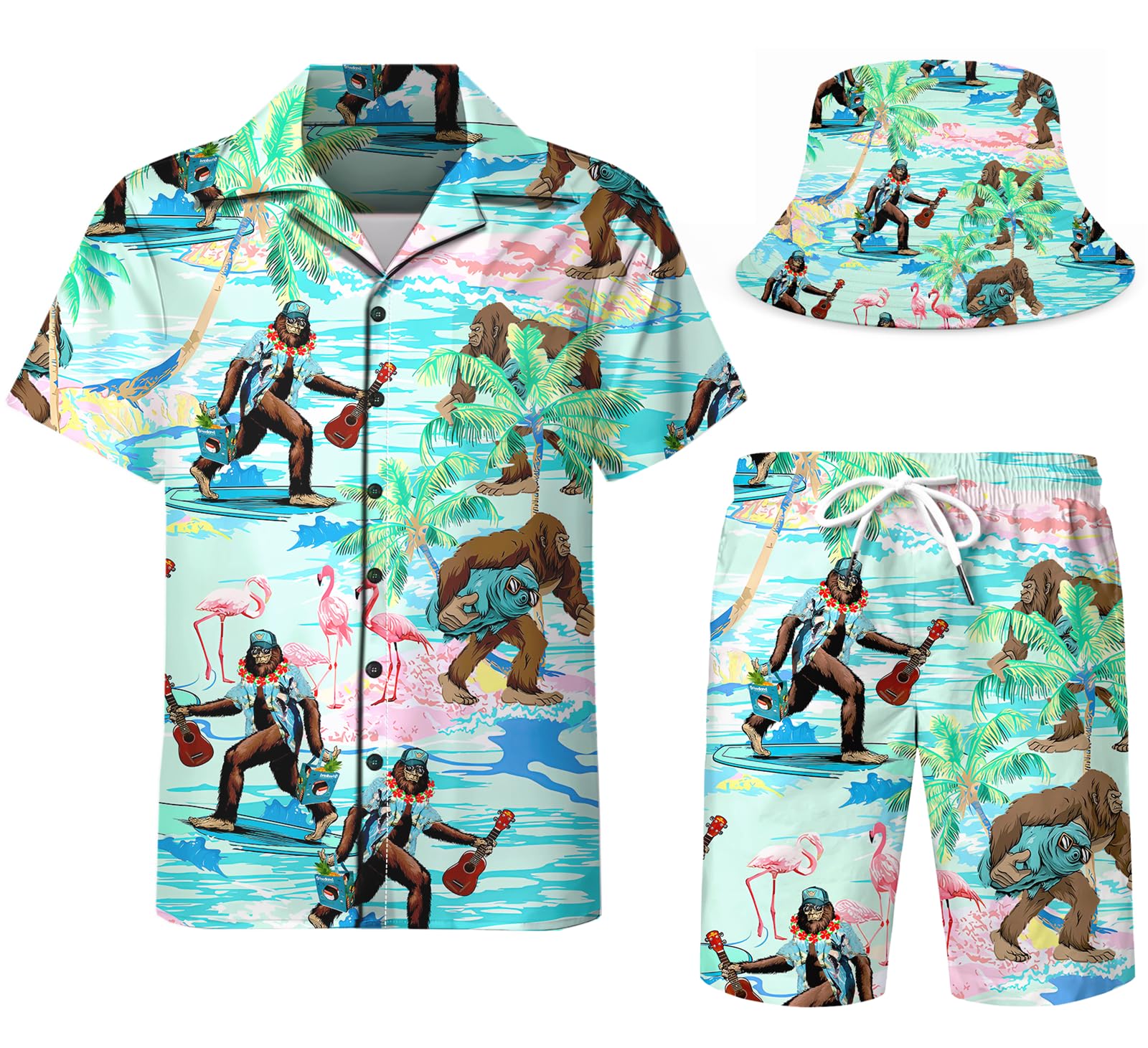 Chándal de 2 piezas para hombre, camisas hawaianas divertidas para hombre, camisa con botones, pantalones cortos, trajes rave con sombreros de pescador