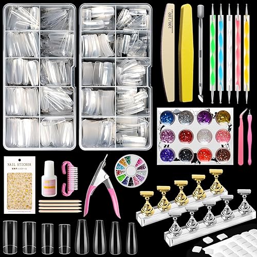 Kalolary Kit de puntas de uñas transparentes tipo ataúd uñas cuadradas largas de cobertura completa 1000 uñas postizas transparentes de bailarina