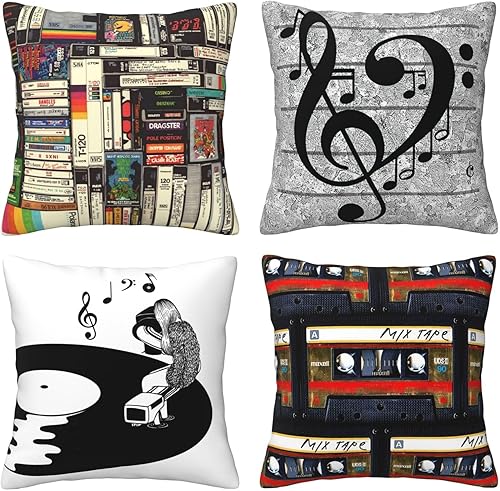Miniatura 1 de Juego de 4 fundas de almohada vintage con cinta de casete de música con sonido, cinta magnética, discos de vinilo, símbolo, fundas de almohada
