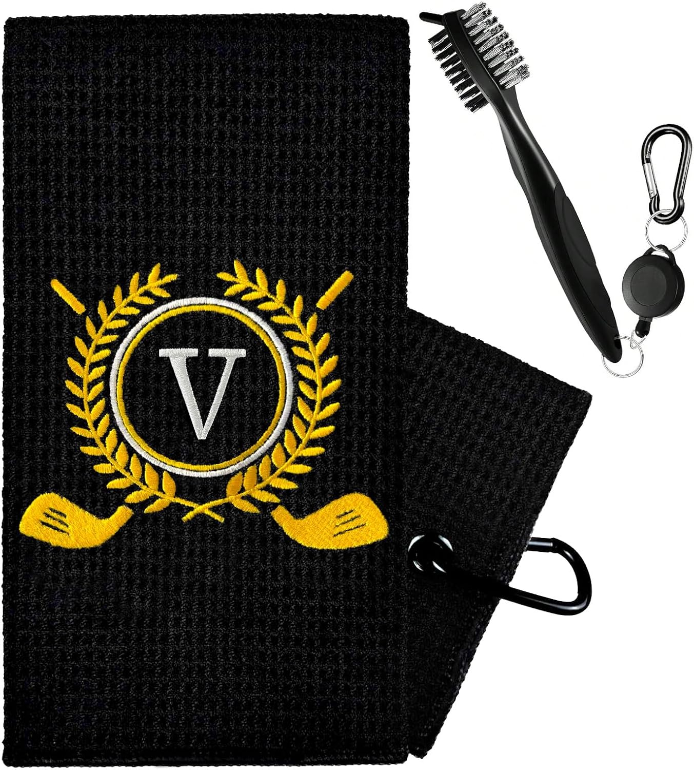 Personalized Golf Towels for Golf Bags - Microfiber Monogrammed Golf Towels for Men/Women, Retractable Brush Tool Kit with Club Groove Cleaner, Custom Golf Accessories for Golfers (Initial A)